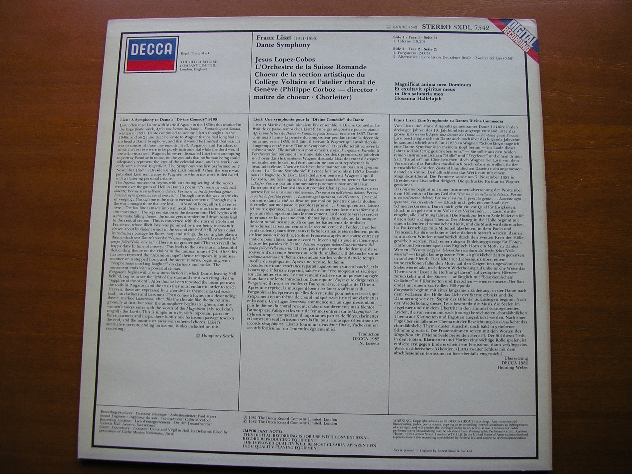 LISZT: DANTE SYMPHONY     LOPEZ - COBOS / SUISSE ROMANDE ORCHESTRA     SXDL 7542