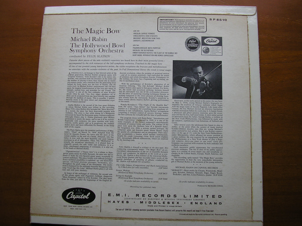THE MAGIC BOW: VIRTUOSO VIOLIN MUSIC    MICHAEL RABIN / HOLLYWOOD BOWL SYMPHONY / SLATKIN    SP 8510