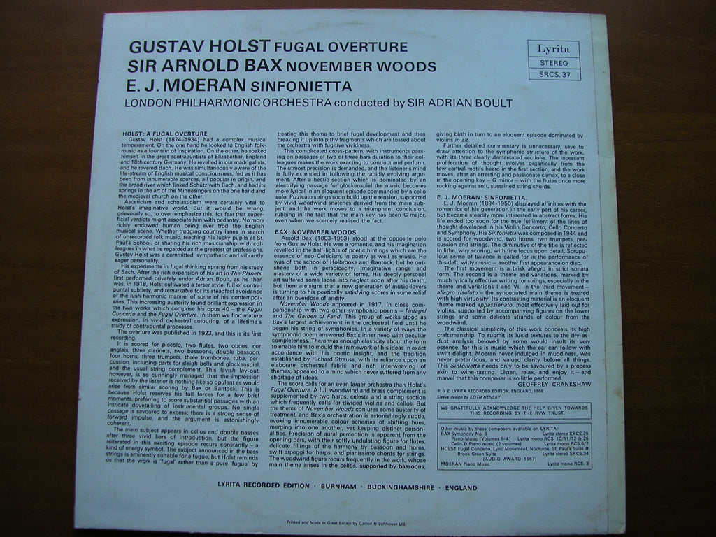 HOLST: FUGAL OVERTURE / MOERAN: SINFONIETTA / BAX: NOVEMBER WOODS    BOULT / LONDON PHILHARMONIC    SRCS 37