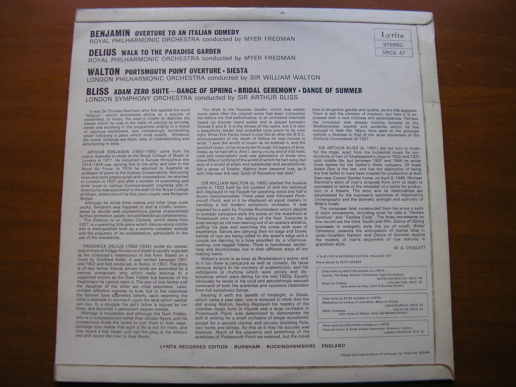 LYRITA LOLLIPOPS: ORCHESTRAL MUSIC BY BENJAMIN / BLISS / WALTON / DELIUS   SRCS 47