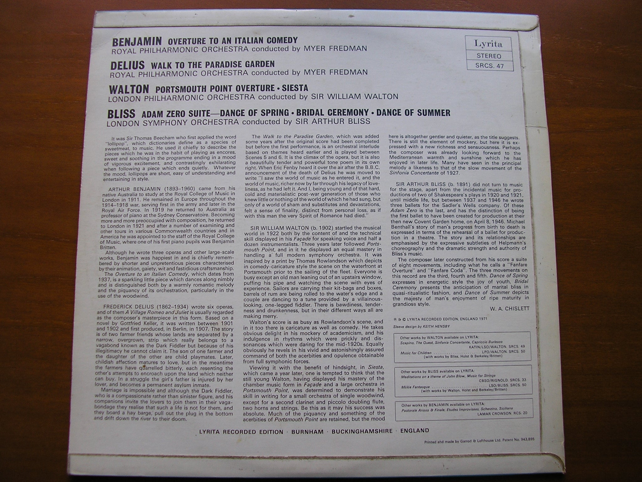 LYRITA LOLLIPOPS: ORCHESTRAL MUSIC BY BENJAMIN / BLISS / WALTON / DELIUS   SRCS 47