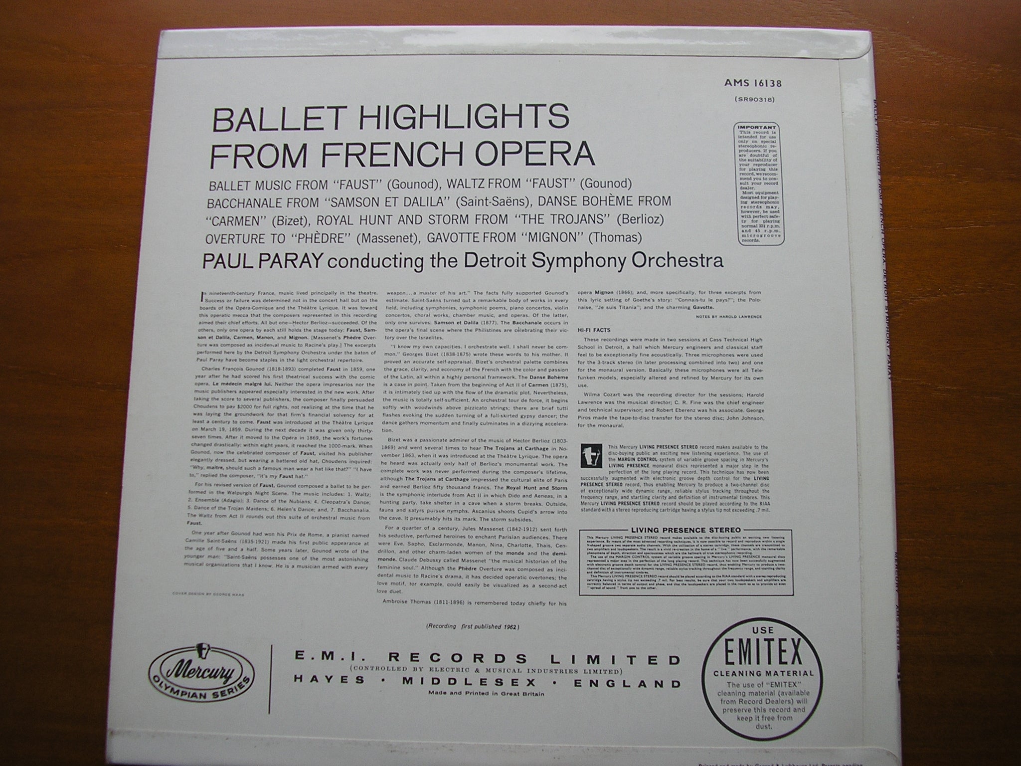 BALLET FROM FRENCH OPERA: BIZET / GOUNOD / THOMAS / BERLIOZ / MASSENET / SAINT-SAENS      PARAY / DETROIT SYMPHONY   AMS 16138