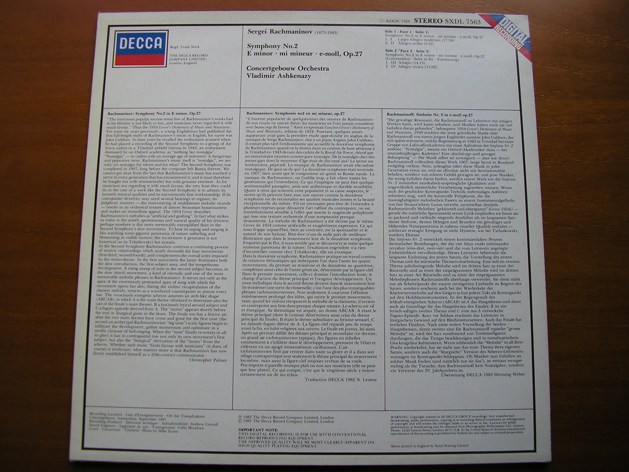RACHMANINOV: SYMPHONY No. 2     ASHKENAZY / CONCERTGEBOUW ORCHESTRA   SXDL 7563