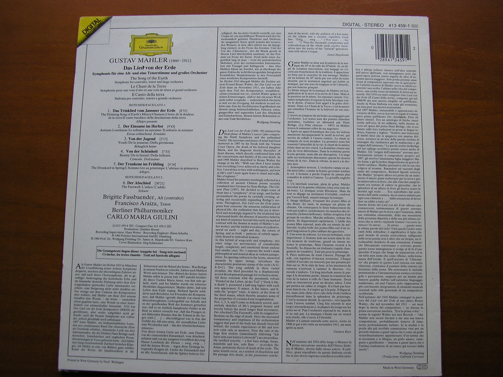 MAHLER: DAS LIED VON DER ERDE    FASSBAENDER / ARAIZA / BERLIN PHILHARMONIC / GIULINI     413 459