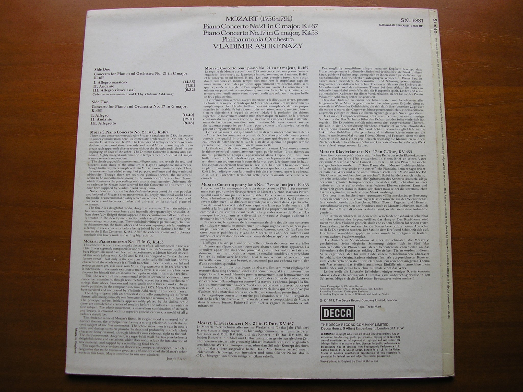SXL 6881 MOZART: PIANO CONCERTOS Nos. 17 & 21 VLADIMIR ASHKENAZY / PHILHARMONIA
