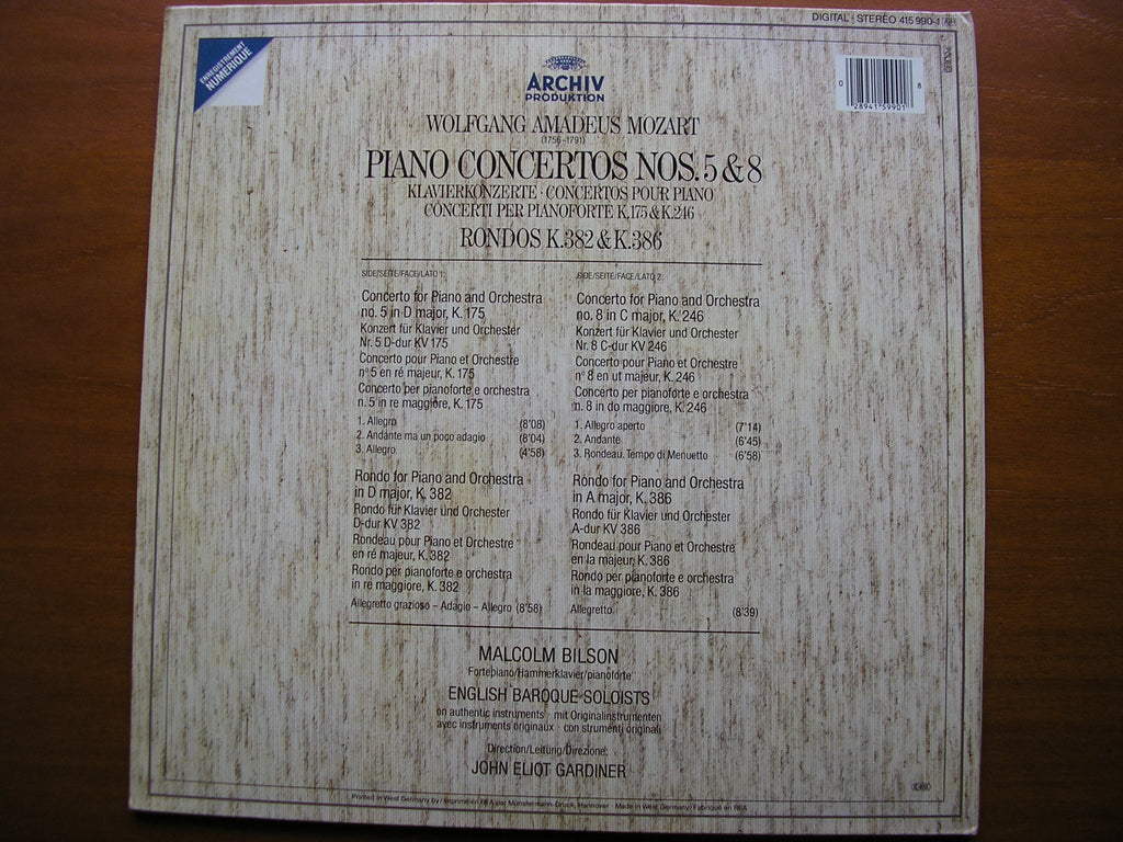 MOZART: PIANO CONCERTOS Nos. 5 & 8      BILSON / ENGLISH BAROQUE SOLOISTS / GARDINER    415 990