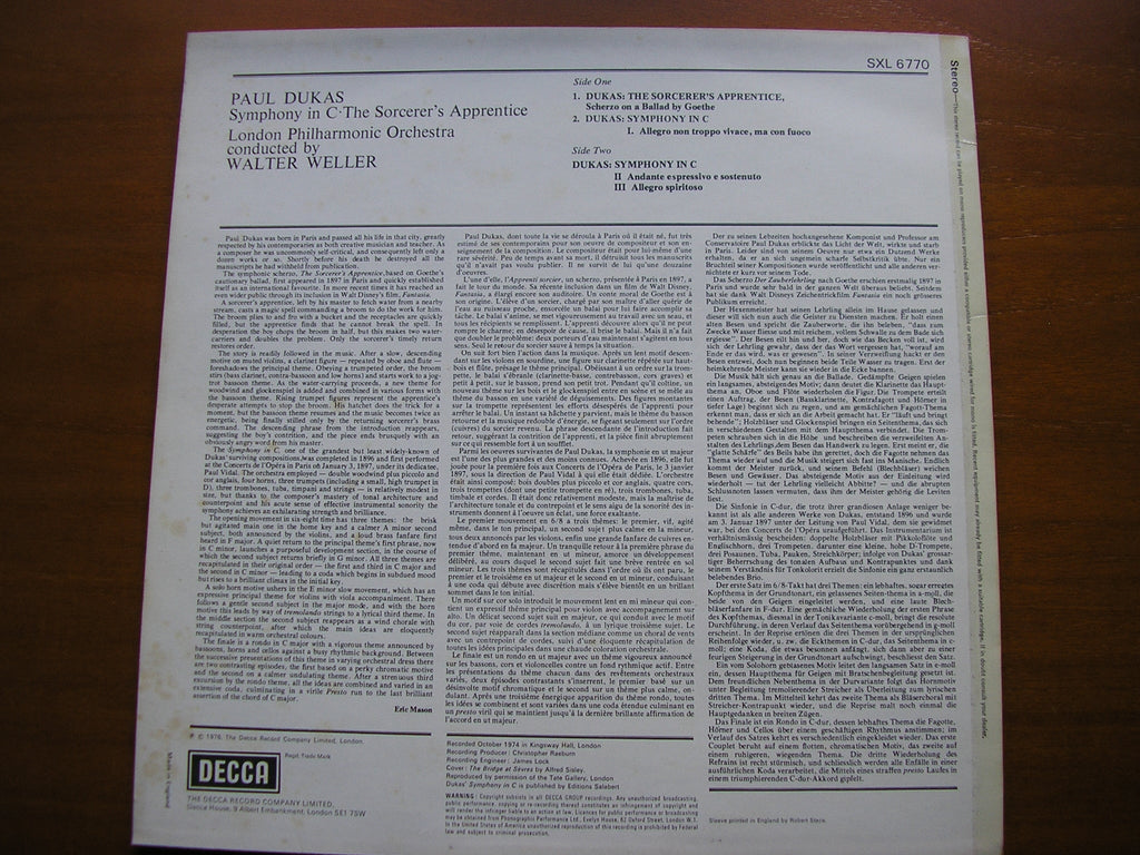 DUKAS: SYMPHONY in C / THE SORCERER'S APPRENTICE     WELLER / LONDON PHILHARMONIC      SXL 6770