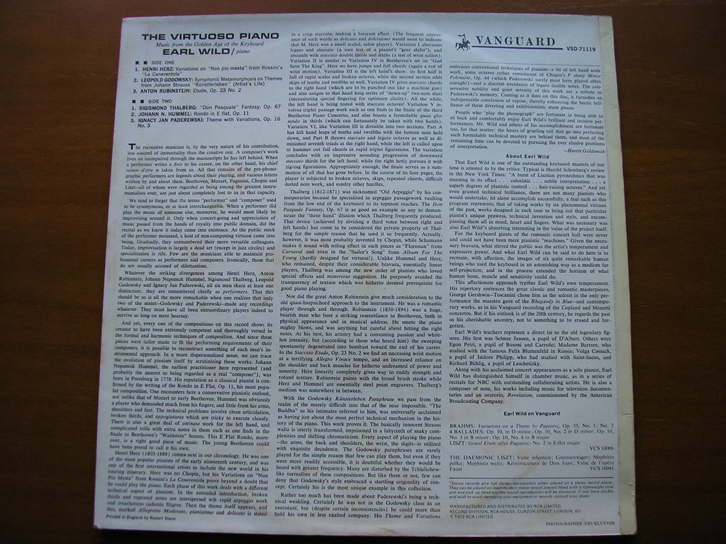 THE VIRTUOSO PIANO: HERZ / THALBERG / GODOWSKY / HUMMEL / RUBINSTEIN / PADEREWSKI        EARL WILD     VSD 71119