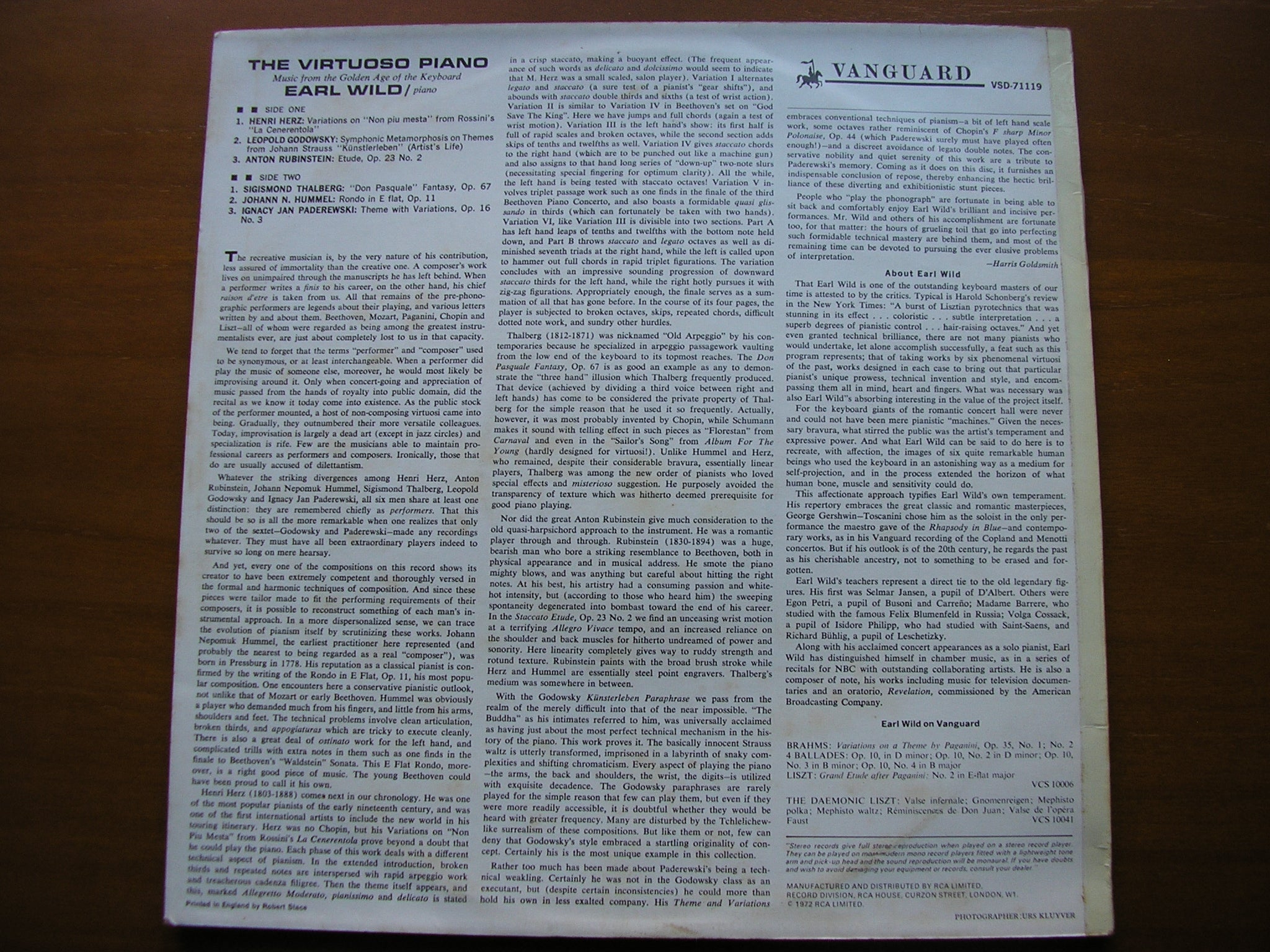THE VIRTUOSO PIANO: HERZ / THALBERG / GODOWSKY / HUMMEL / RUBINSTEIN / PADEREWSKI        EARL WILD     VSD 71119