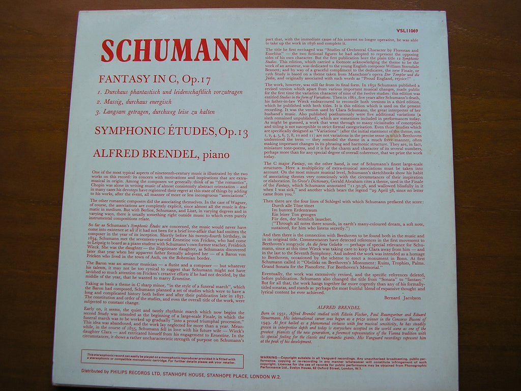 SCHUMANN: FANTASY in C Op. 17 / SYMPHONIC ETUDES Op. 13      ALFRED BRENDEL    VSL 11069