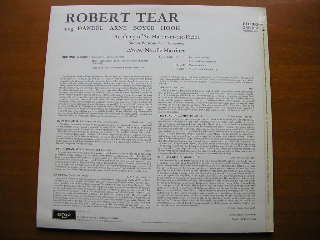 ARNE / HOOK / BOYCE / HANDEL: ARIAS / SONGS / CANTATAS      ROBERT TEAR / ASMIF / MARRINER     ZRG 661