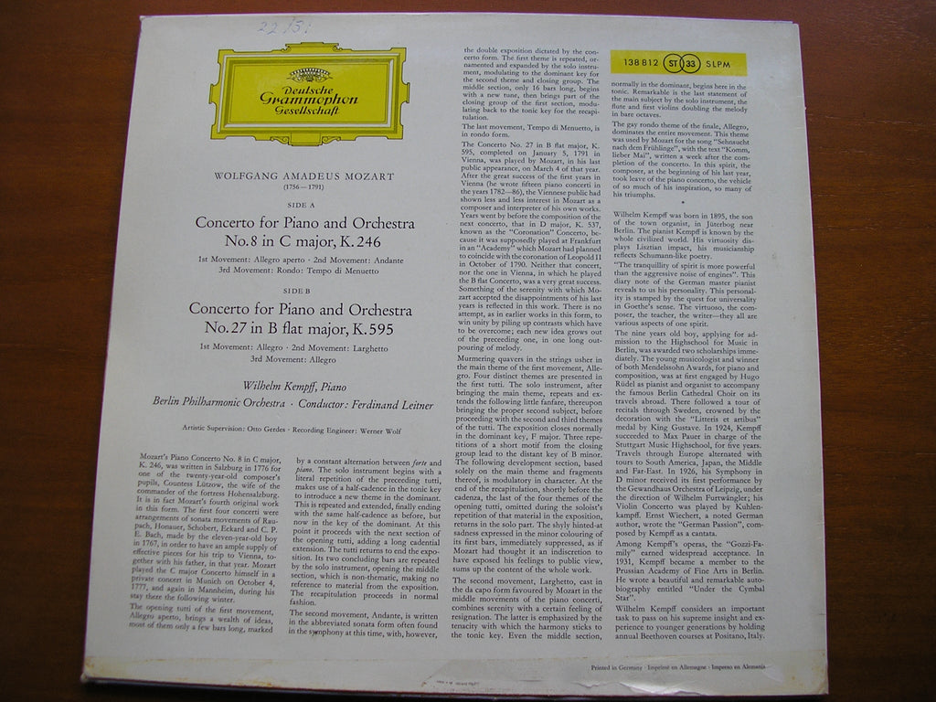 MOZART: PIANO CONCERTOS Nos. 8 & 27       KEMPFF / BERLIN PHILHARMONIC / LEITNER      138 812