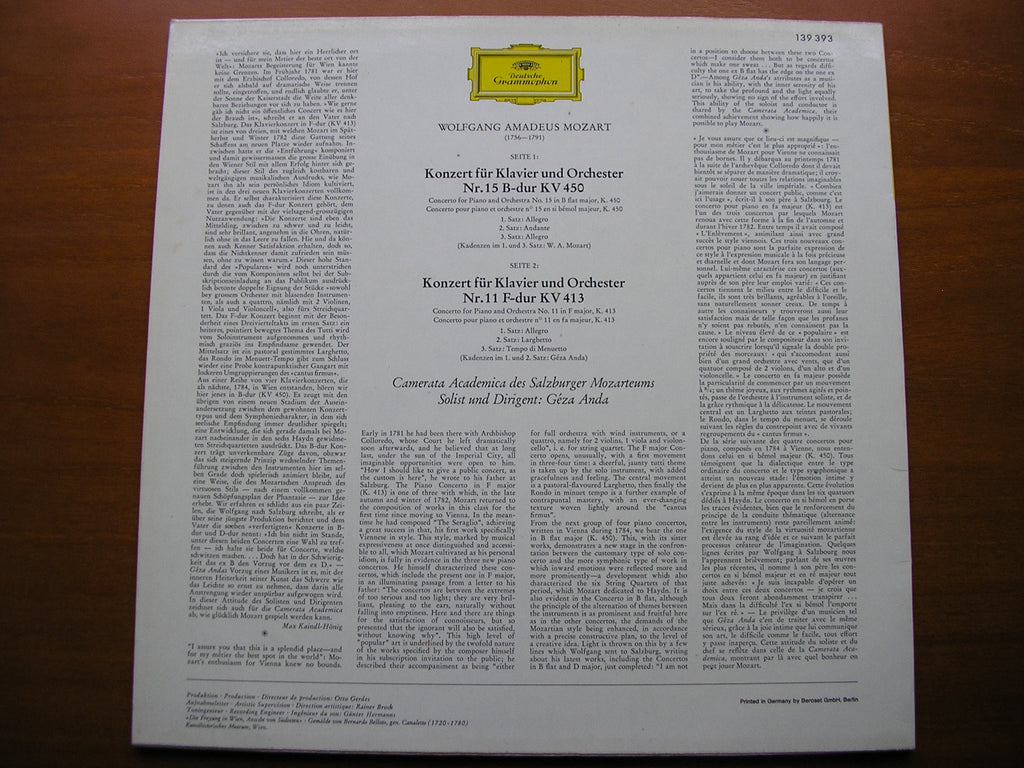 MOZART: PIANO CONCERTOS Nos. 11 & 15       GEZA ANDA / CAMERATA ACADEMICA DES SALZBURGER MOZARTEUMS       139 393