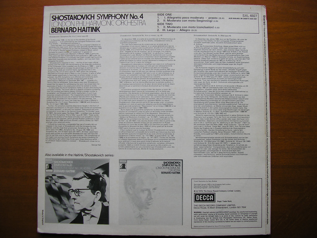 SXL 6927 SHOSTAKOVICH: SYMPHONY No. 4 BERNARD HAITINK / LONDON PHILHARMONIC