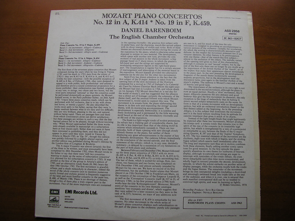 MOZART: PIANO CONCERTOS Nos. 12 & 19        BARENBOIM / ENGLISH CHAMBER ORCHESTRA    ASD 2956