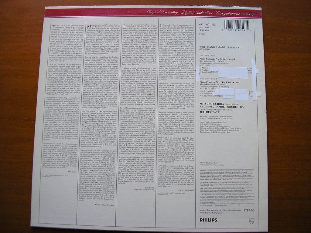 MOZART: PIANO CONCERTOS Nos. 13 & 14      UCHIDA / ENGLISH CHAMBER ORCHESTRA / JEFFREY TATE      422 359