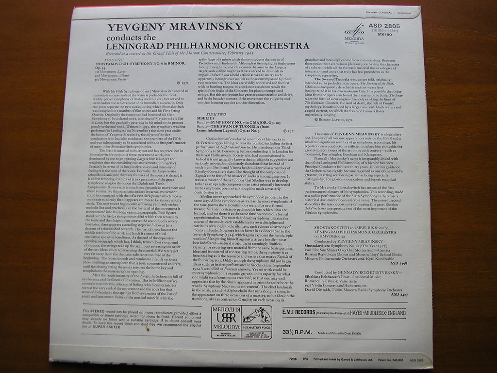 SHOSTAKOVICH: SYMPHONY No. 6 / SIBELIUS: SYMPHONY No. 7      MRAVINSKY / LENINGRAD PHILHARMONIC     ASD 2805