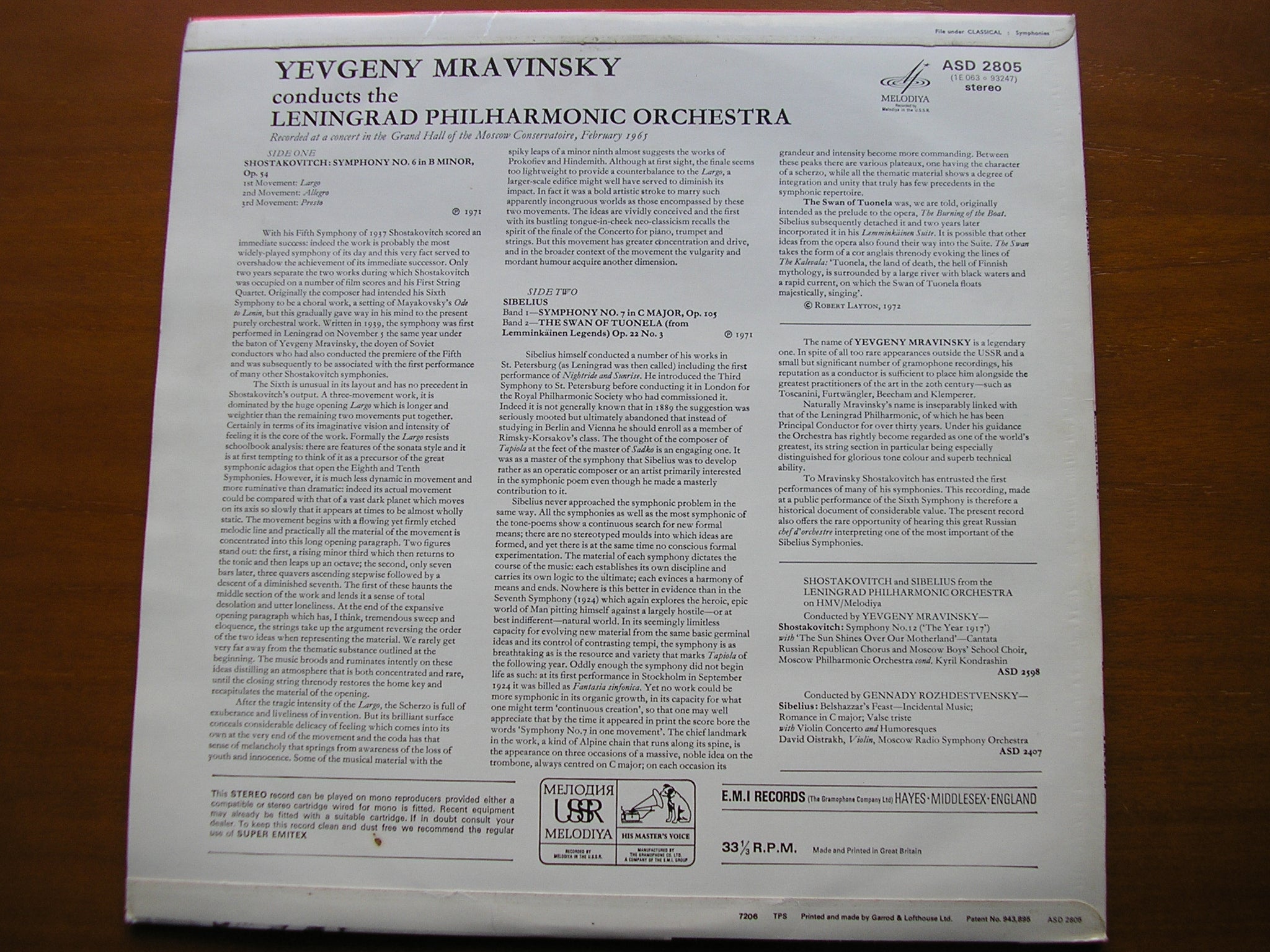 SHOSTAKOVICH: SYMPHONY No. 6 / SIBELIUS: SYMPHONY No. 7      MRAVINSKY / LENINGRAD PHILHARMONIC     ASD 2805