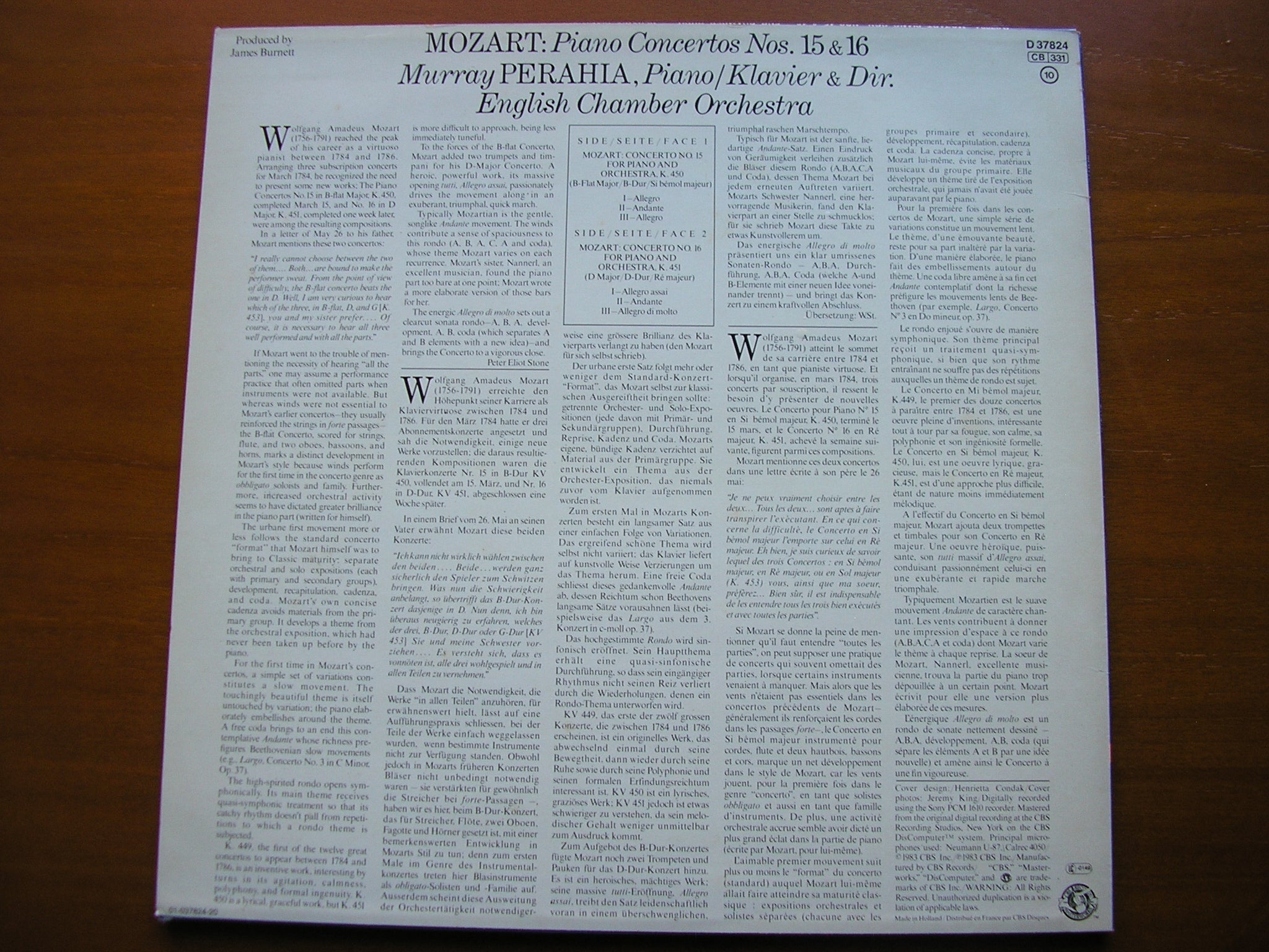 MOZART: PIANO CONCERTOS Nos. 15 & 16     PERAHIA / ENGLISH CHAMBER ORCHESTRA     D37824