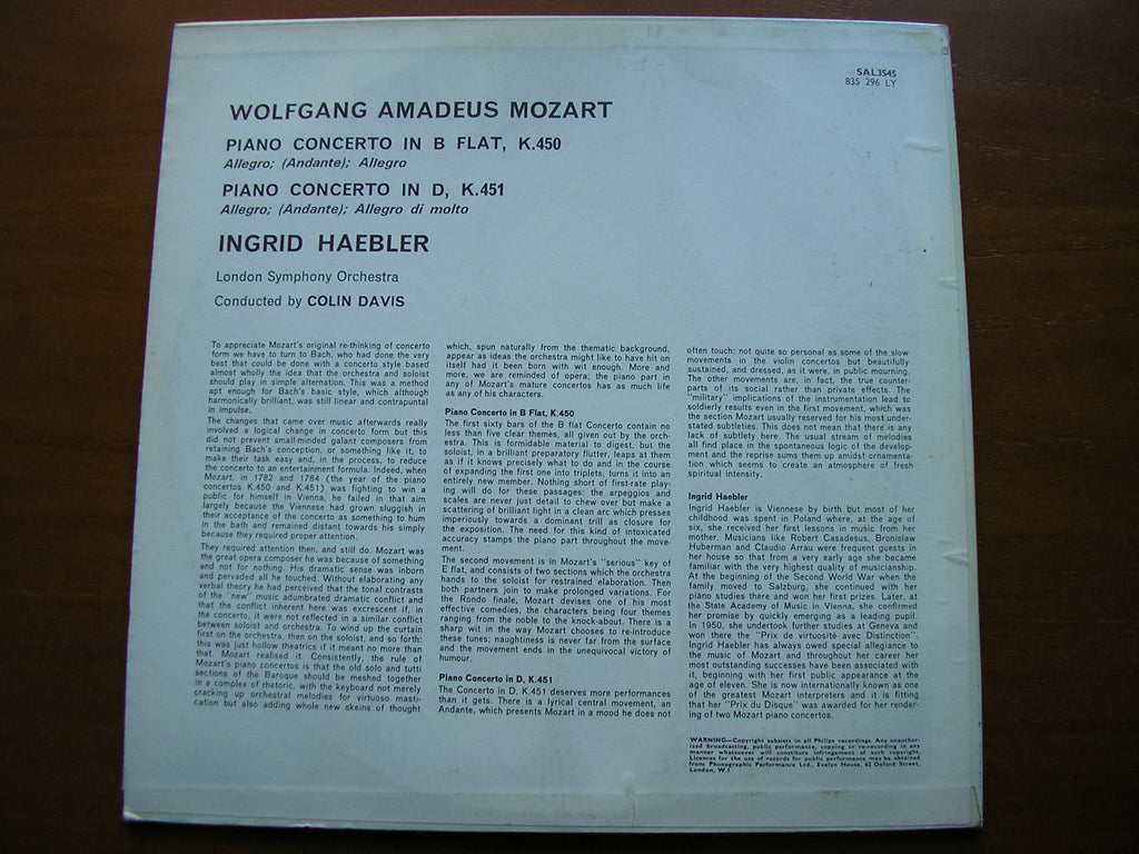 MOZART: PIANO CONCERTOS Nos. 15 & 16     HAEBLER / LONDON SYMPHONY / DAVIS     SAL 3545