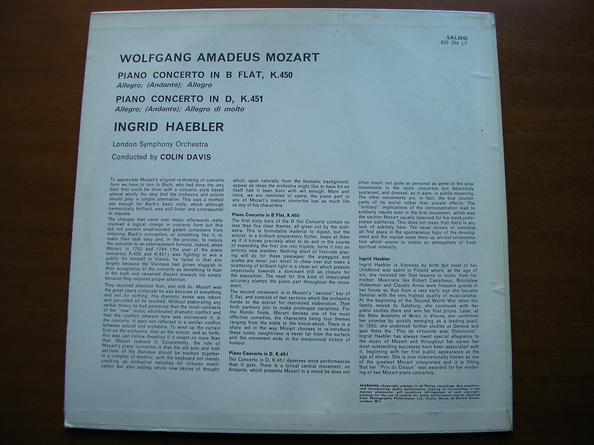 MOZART: PIANO CONCERTOS Nos. 15 & 16     HAEBLER / LONDON SYMPHONY / DAVIS     SAL 3545