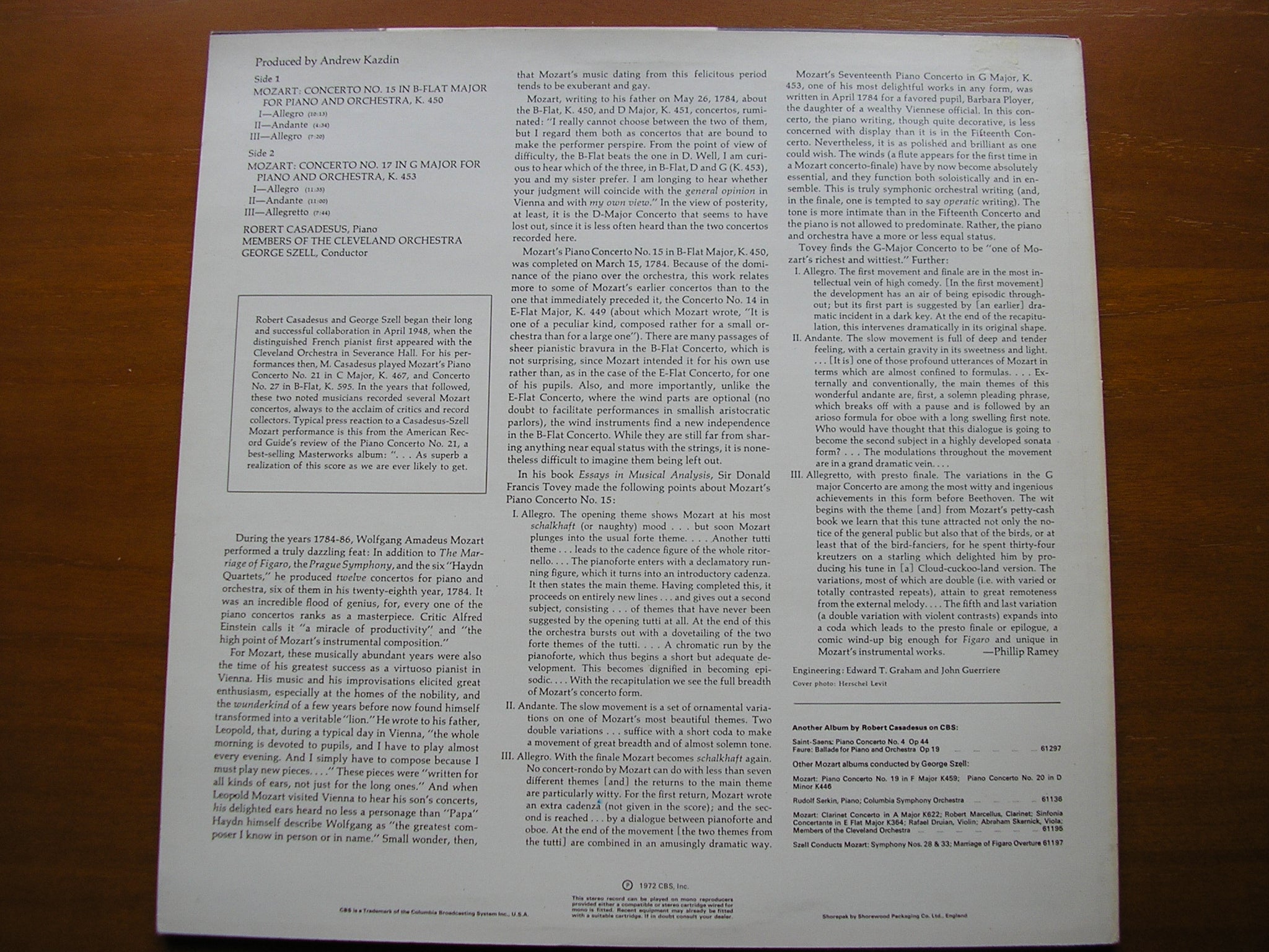 MOZART: PIANO CONCERTOS Nos. 15 & 17     CASADESUS / CLEVELAND ORCHESTRA / SZELL    61348