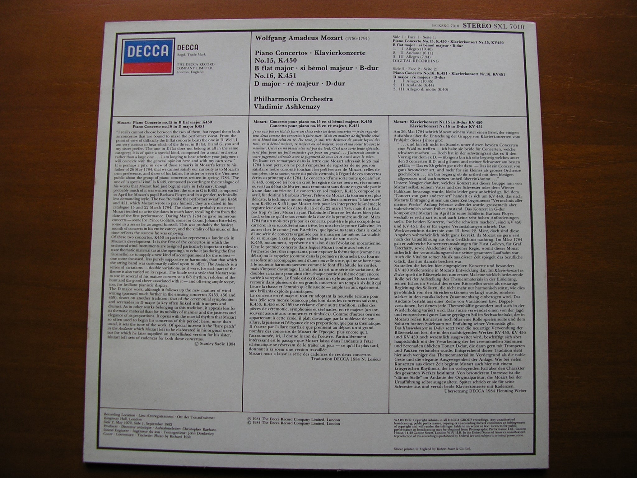 SXL 7010 MOZART: PIANO CONCERTOS Nos. 15 & 16 ASHKENAZY / PHILHARMONIA