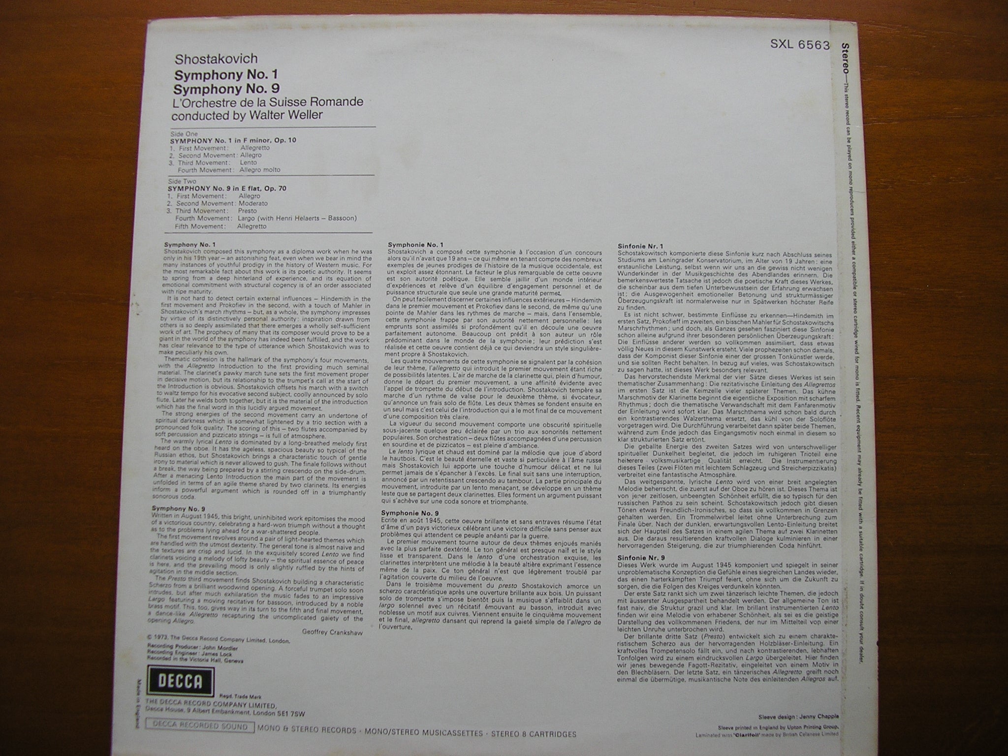 SXL 6563 SHOSTAKOVICH: SYMPHONIES Nos. 1 & 9 WELLER / SUISSE ROMANDE