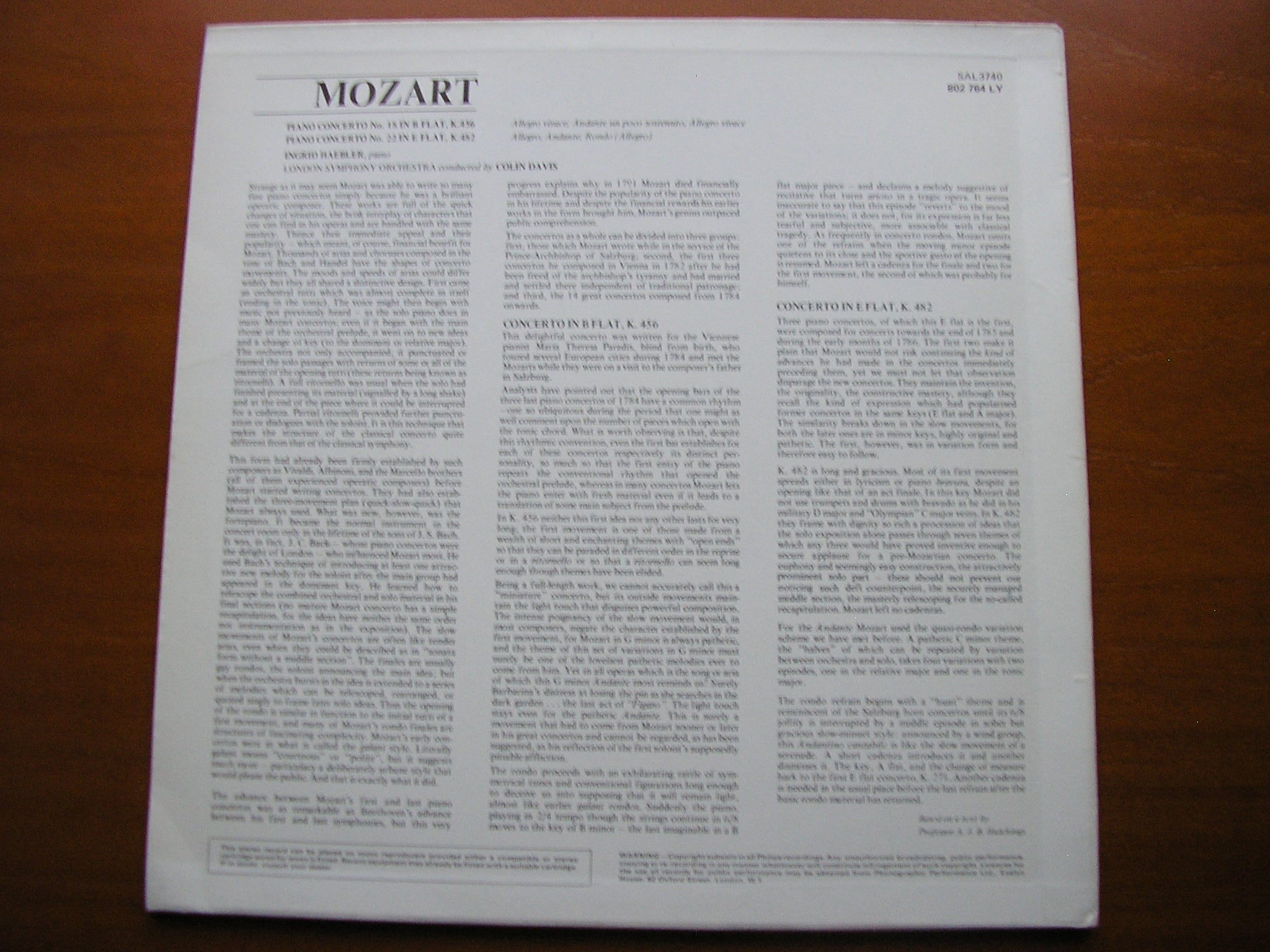 MOZART: PIANO CONCERTOS Nos. 18 & 22     HAEBLER / LONDON SYMPHONY / DAVIS     SAL 3740
