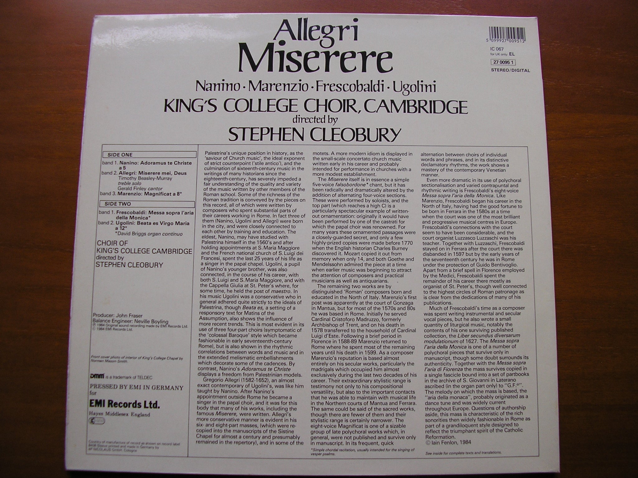 ALLEGRI: MISERERE / NANINO / MARENZIO / FRESCOBALDI / UGOLINI      KING'S COLLEGE CHOIR / STEPHEN CLEOBURY    27 0095