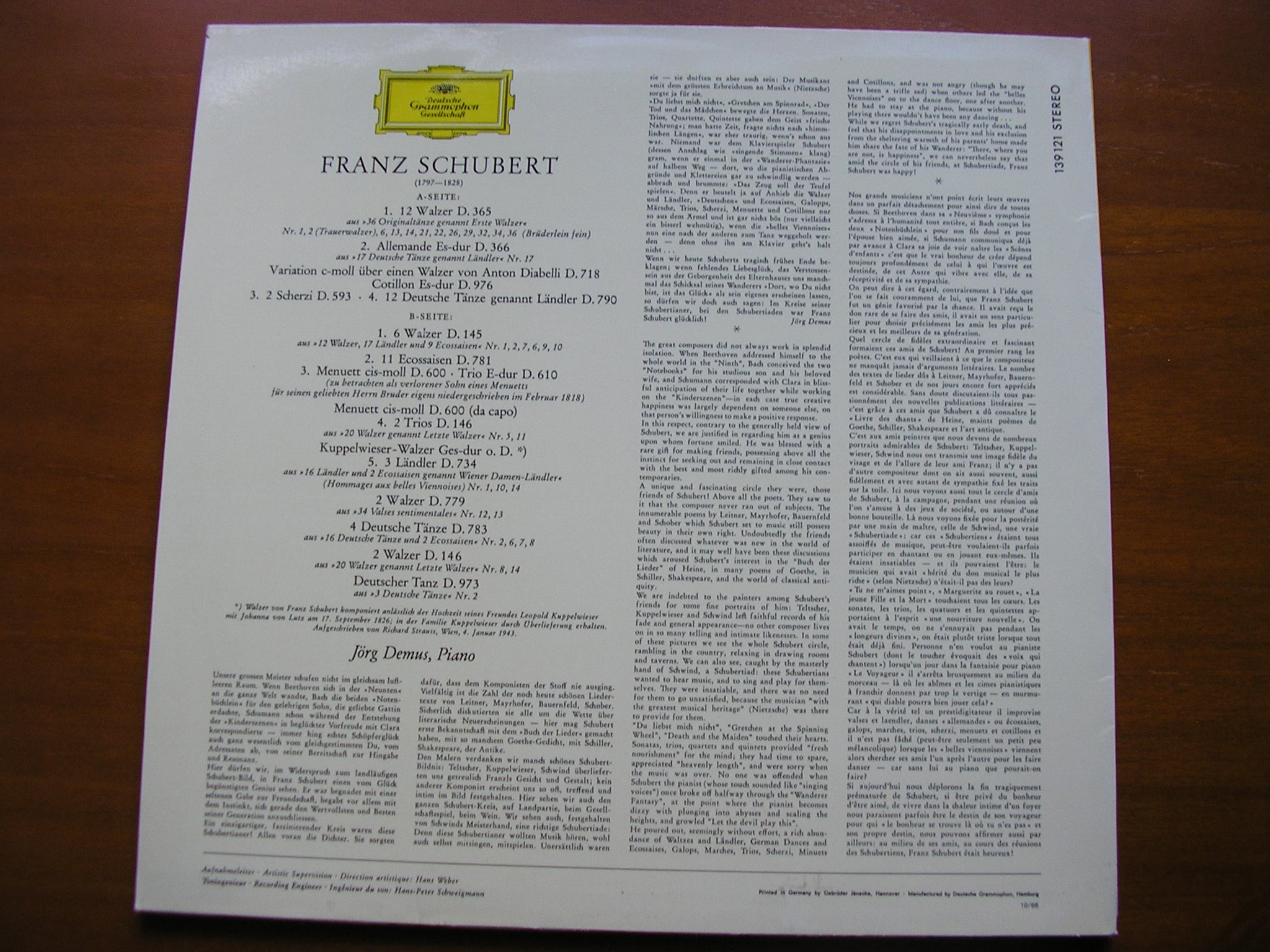 SCHUBERT: DANCES LANDLER / WALTZES / ECOSSAISEN / GERMAN DANCES JORG DEMUS 139 121