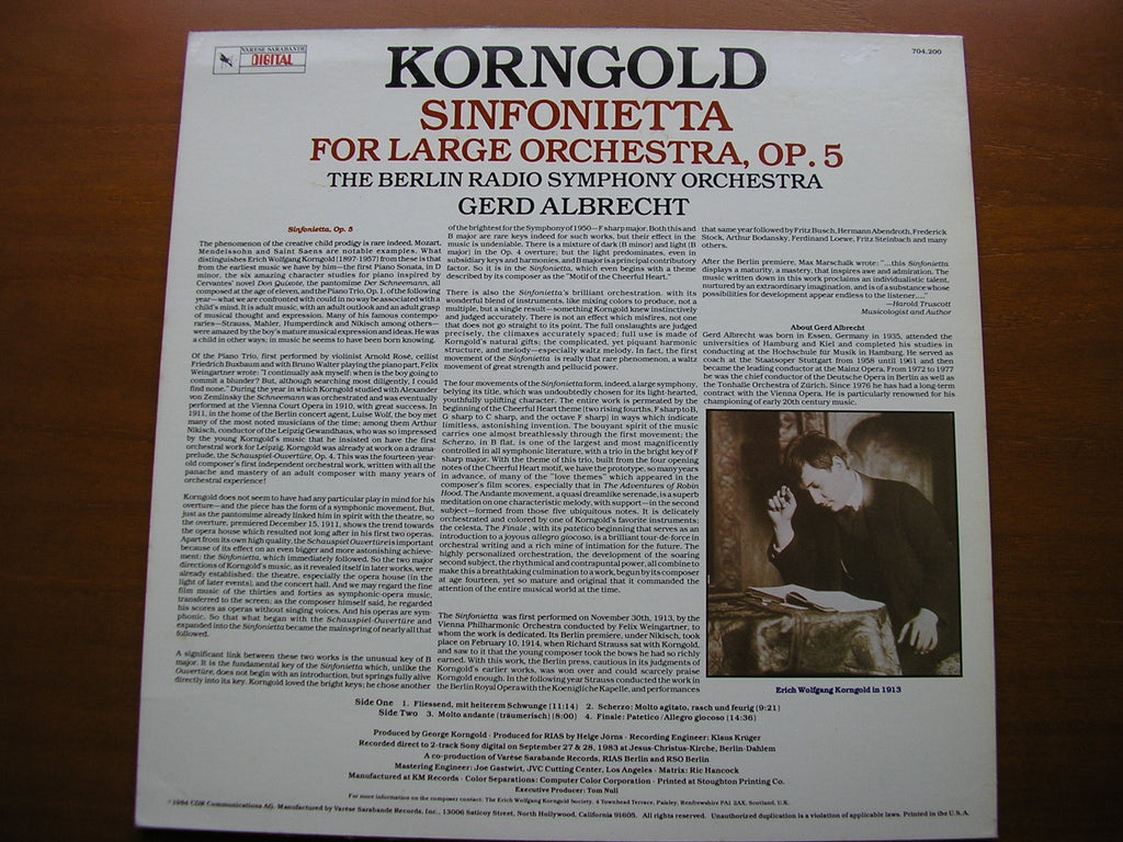 KORNGOLD: SINFONIETTA Op. 5       ALBRECHT / BERLIN RADIO SYMPHONY    704 200