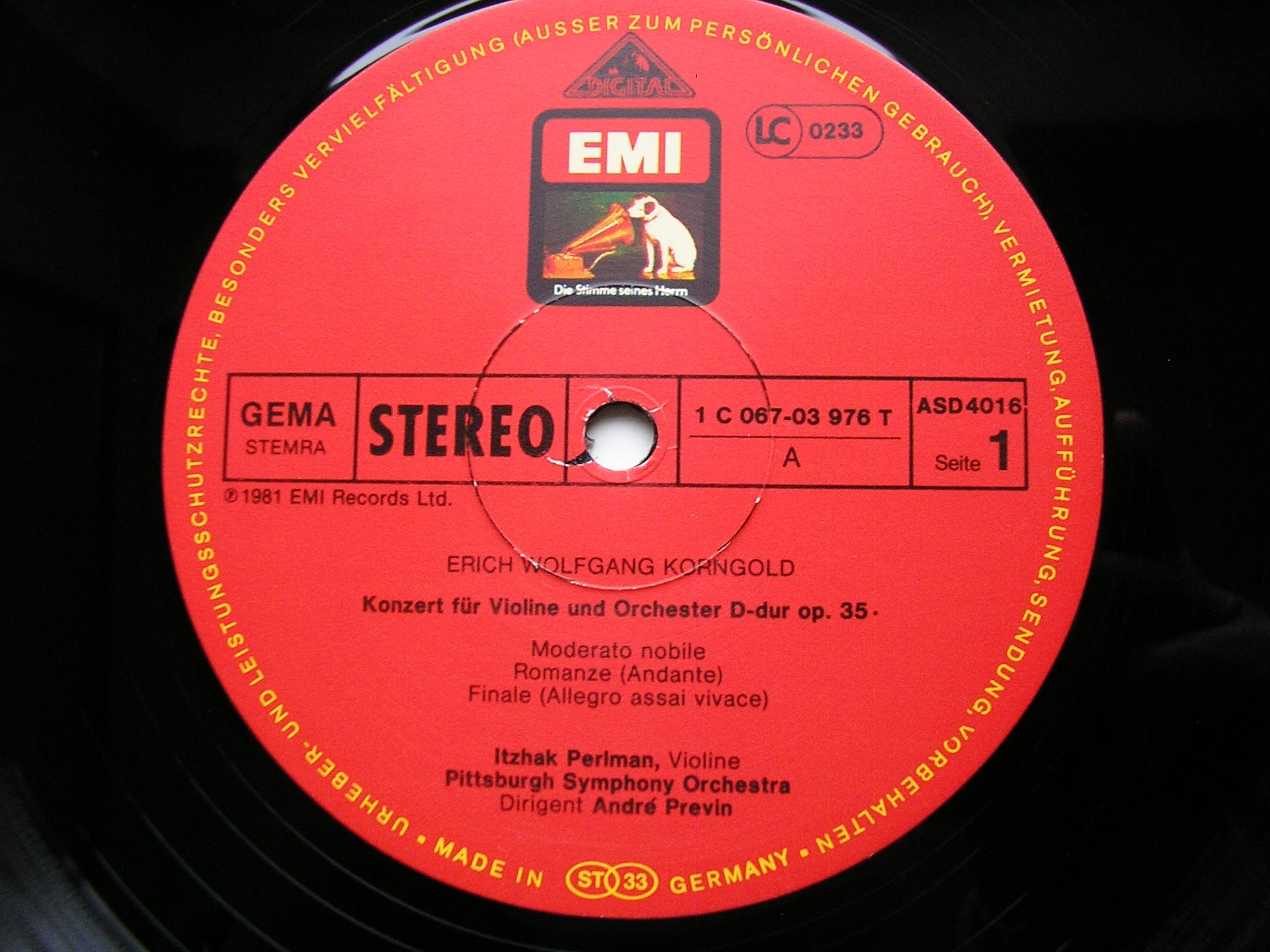 KORNGOLD: VIOLIN CONCERTO Op. 35 / COMUS: VIOLIN CONCERTO     PERLMAN / PITTSBURGH SYMPHONY ORCHESTRA  / PREVIN     ASD 4206