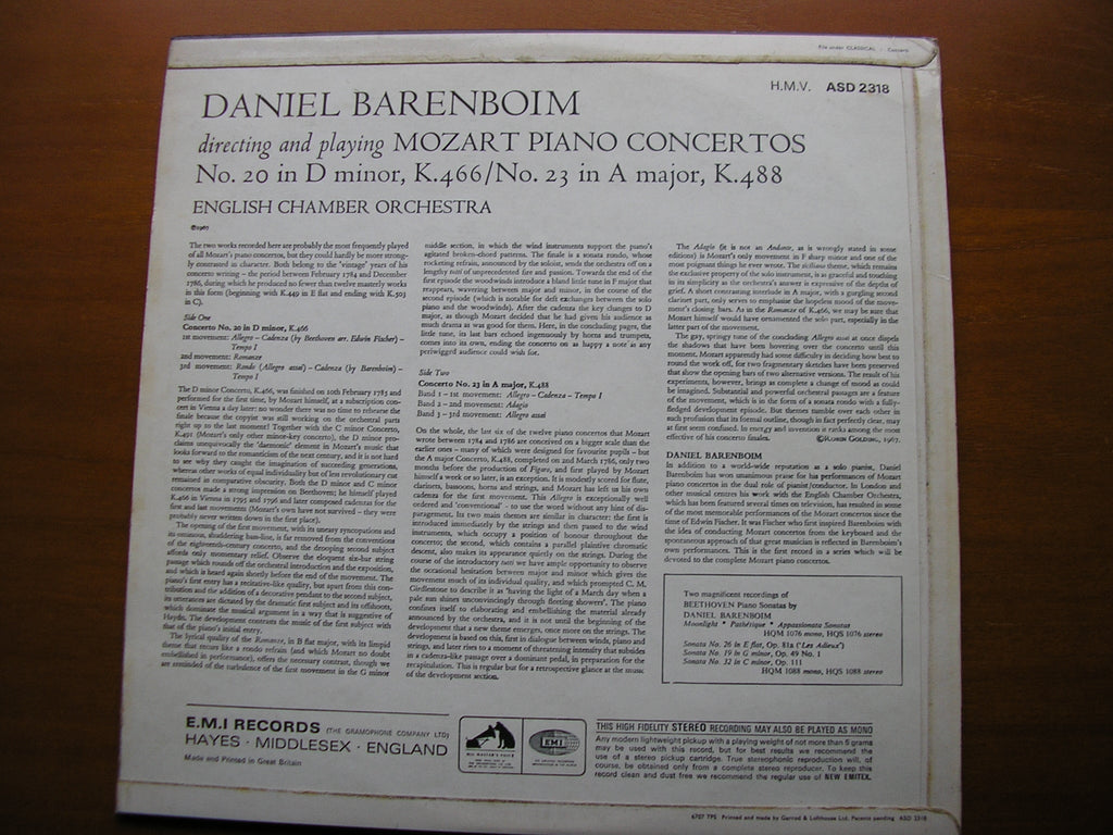 MOZART: PIANO CONCERTOS Nos. 20 & 23     BARENBOIM / ENGLISH CHAMBER ORCHESTRA      ASD 2318
