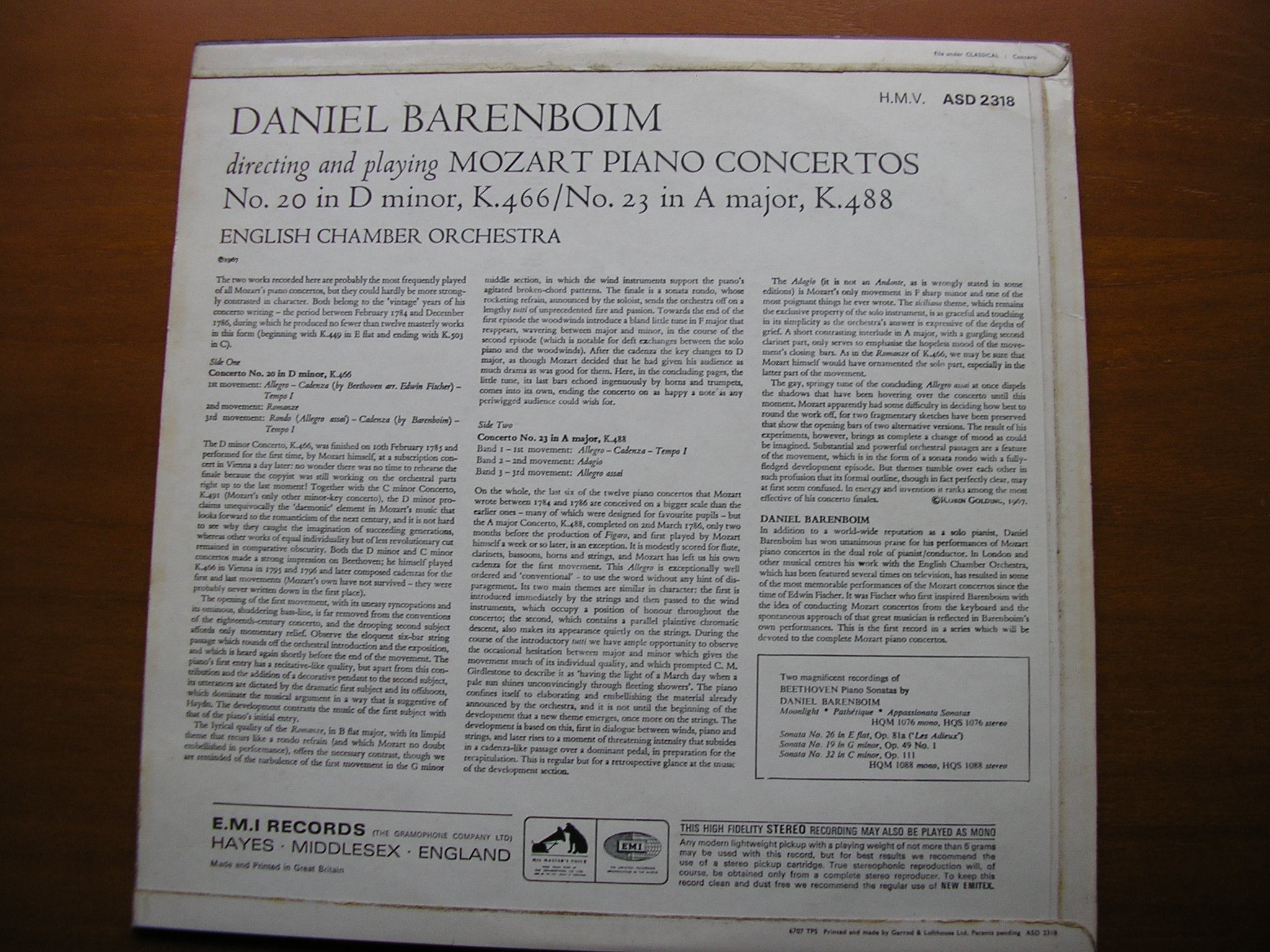 MOZART: PIANO CONCERTOS Nos. 20 & 23     BARENBOIM / ENGLISH CHAMBER ORCHESTRA      ASD 2318