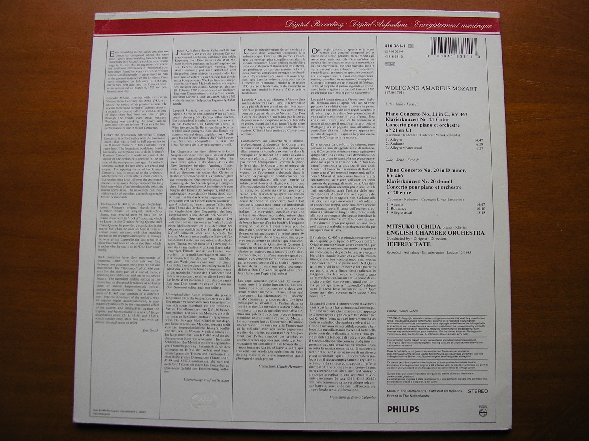 MOZART: PIANO CONCERTOS Nos. 20 & 21     MITSUKO UCHIDA / ENGLISH CHAMBER ORCHESTRA / JEFFREY TATE    416 381
