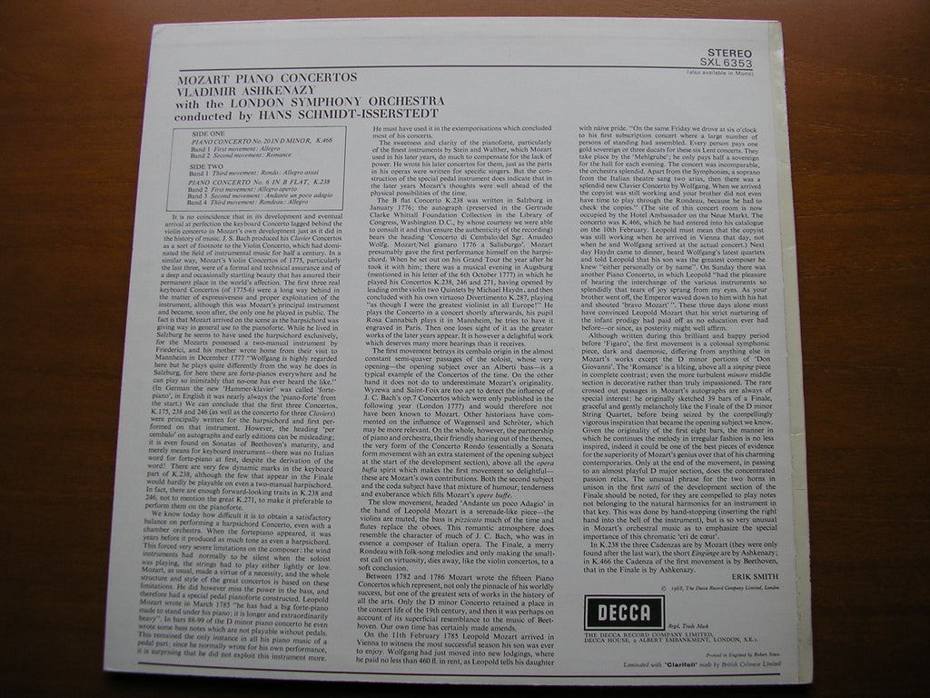 SXL 6353 MOZART: PIANO CONCERTOS Nos. 20 & 6 ASHKENAZY / LONDON SYMPHONY / SCHMIDT-ISSERSTEDT