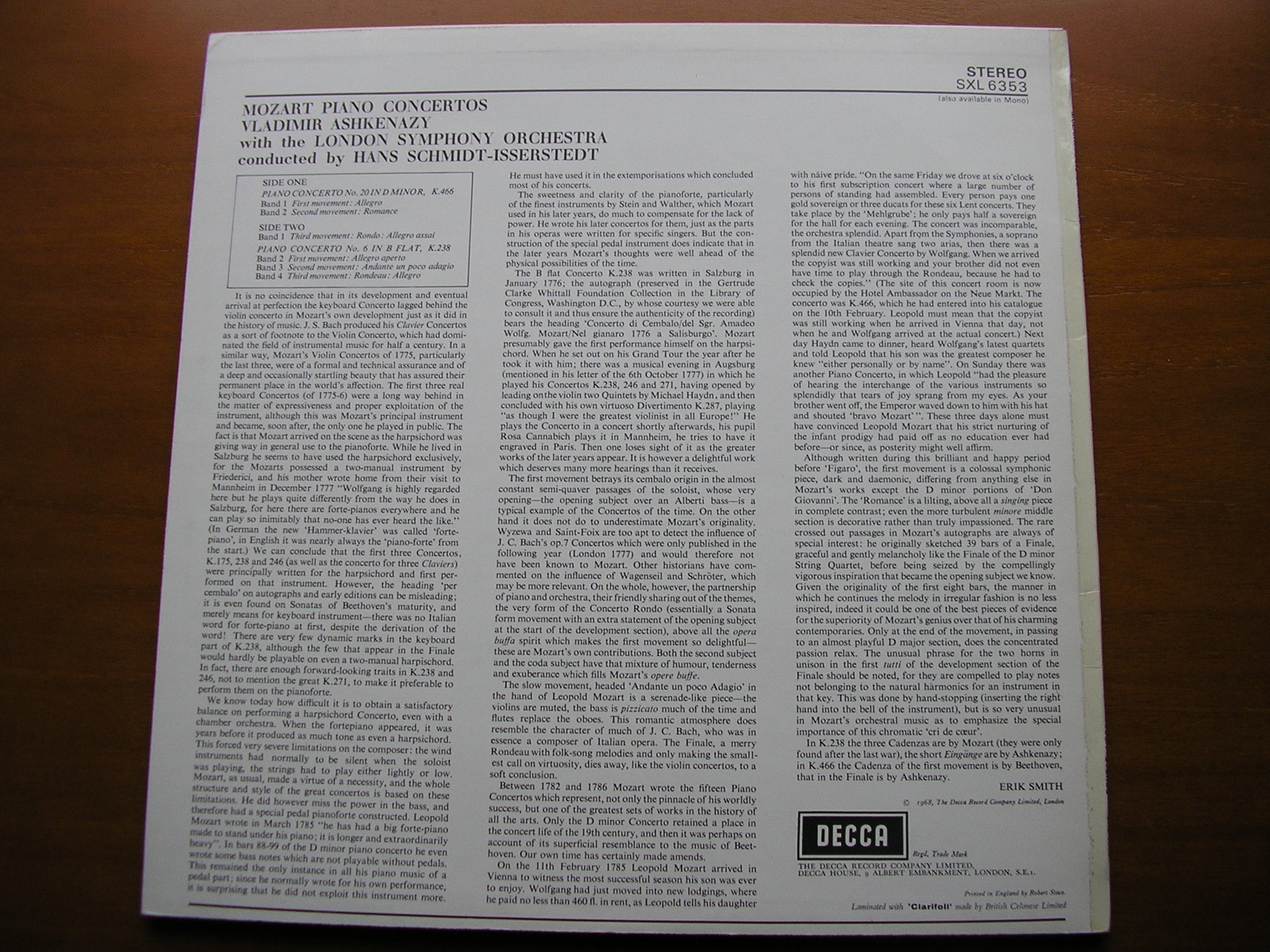 SXL 6353 MOZART: PIANO CONCERTOS Nos. 20 & 6 ASHKENAZY / LONDON SYMPHONY / SCHMIDT-ISSERSTEDT