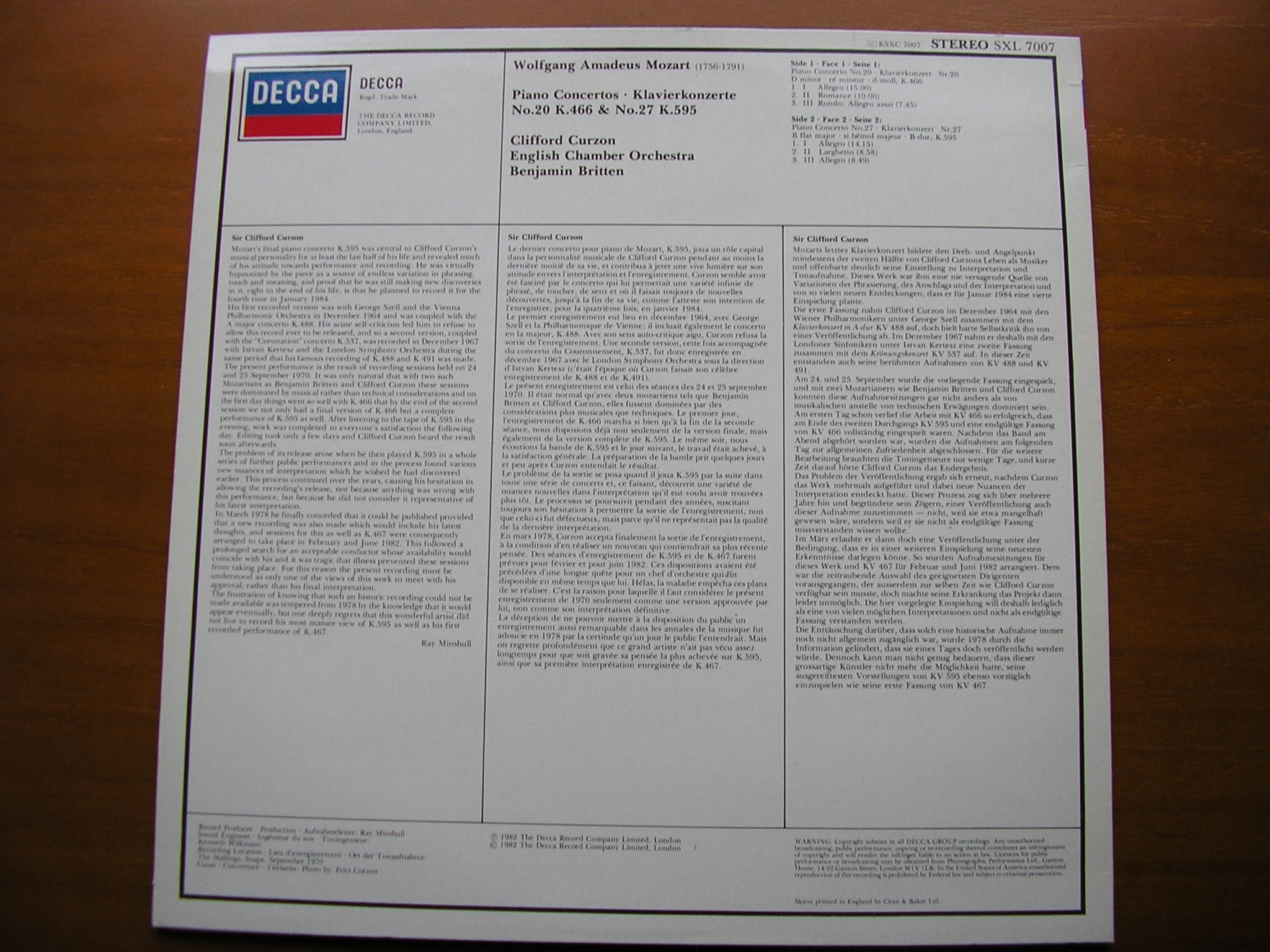 SXL 7007 MOZART: PIANO CONCERTOS Nos. 20 & 27 CURZON / ENGLISH CHAMBER ORCHESTRA / BRITTEN