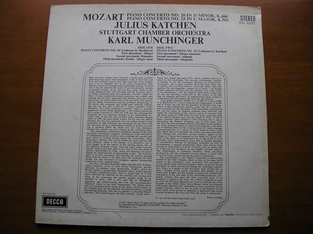 SXL 6297 MOZART: PIANO CONCERTOS Nos. 20 & 25 KATCHEN / STUTTGART CHAMBER ORCHESTRA / MUNCHINGER