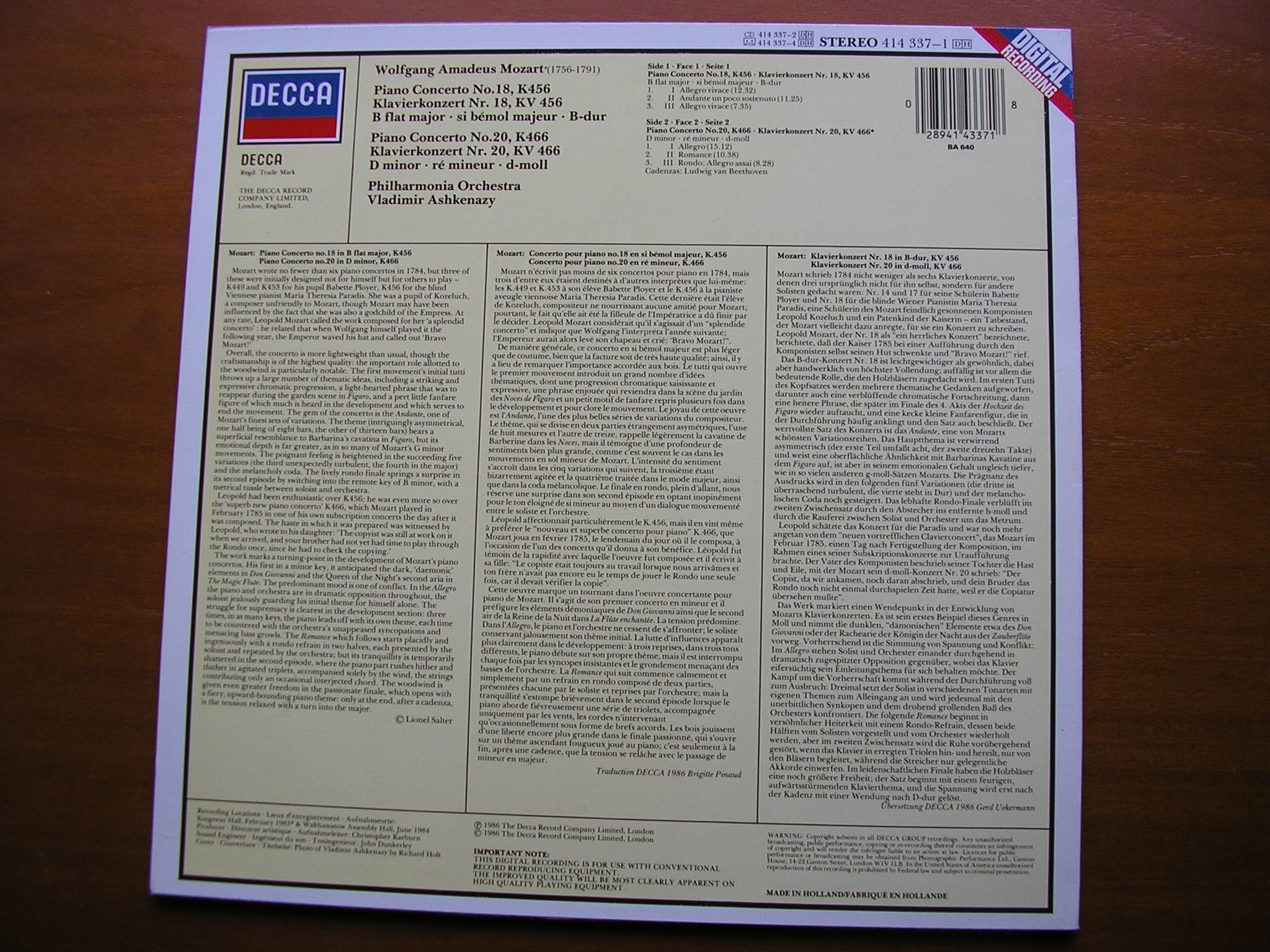 MOZART: PIANO CONCERTOS Nos. 20 & 18   ASHKENAZY / PHILHARMONIA  Decca 414 337