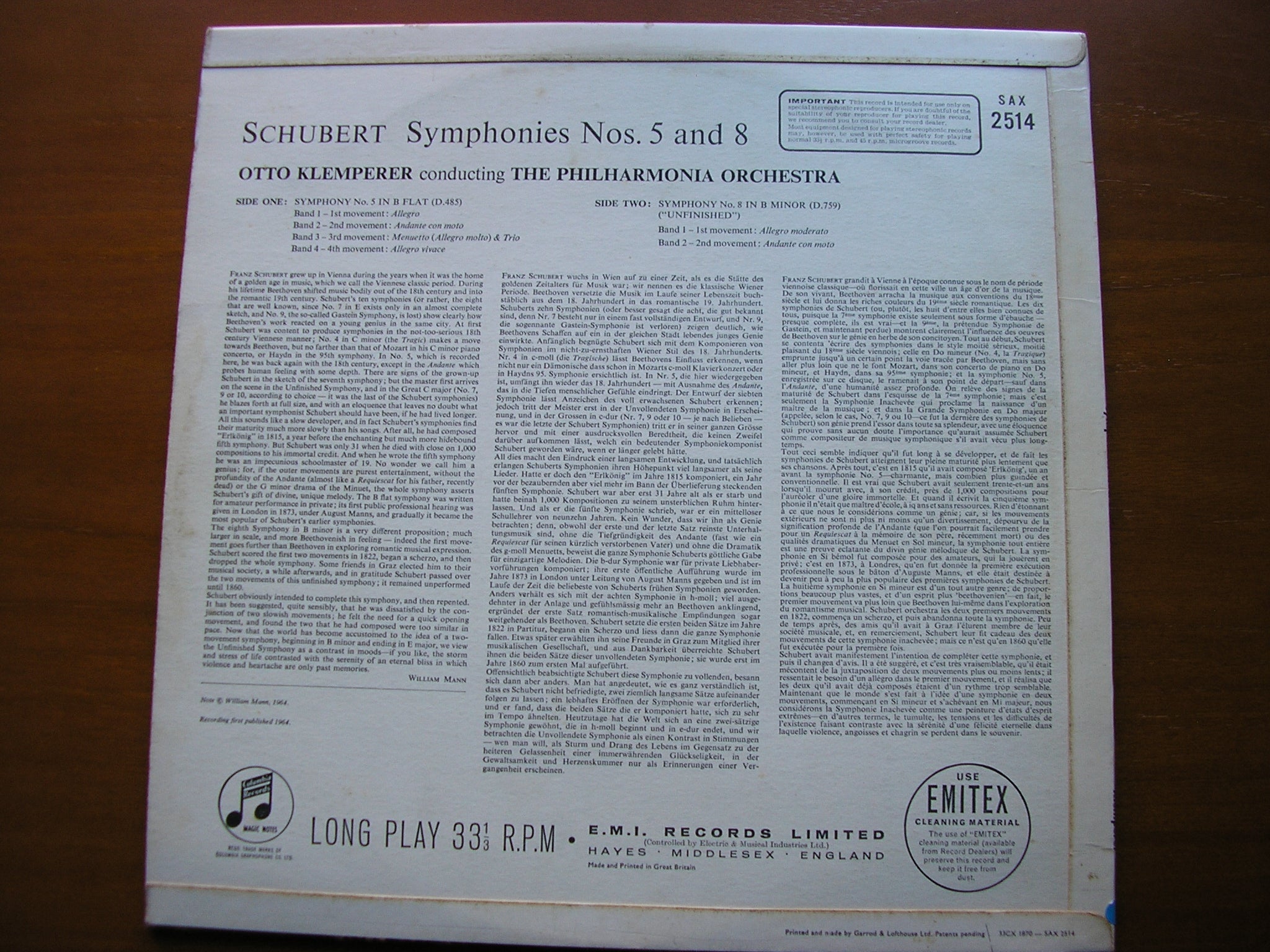 SAX 2514  SCHUBERT: SYMPHONIES Nos. 5 & 8      PHILHARMONIA / KLEMPERER