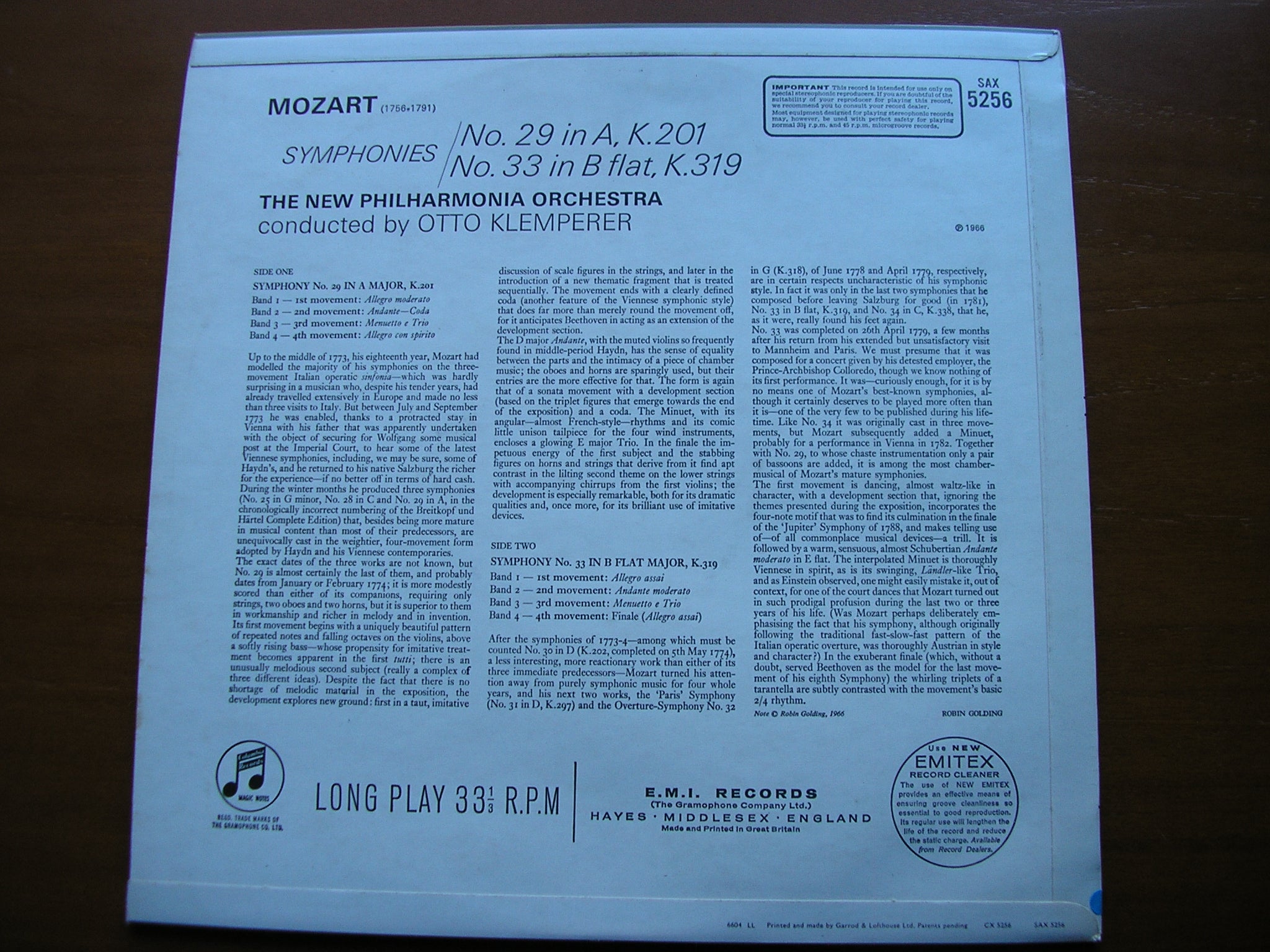 MOZART: SYMPHONIES Nos. 29 & 33    KLEMPERER / NEW PHILHARMONIA     SAX 5256