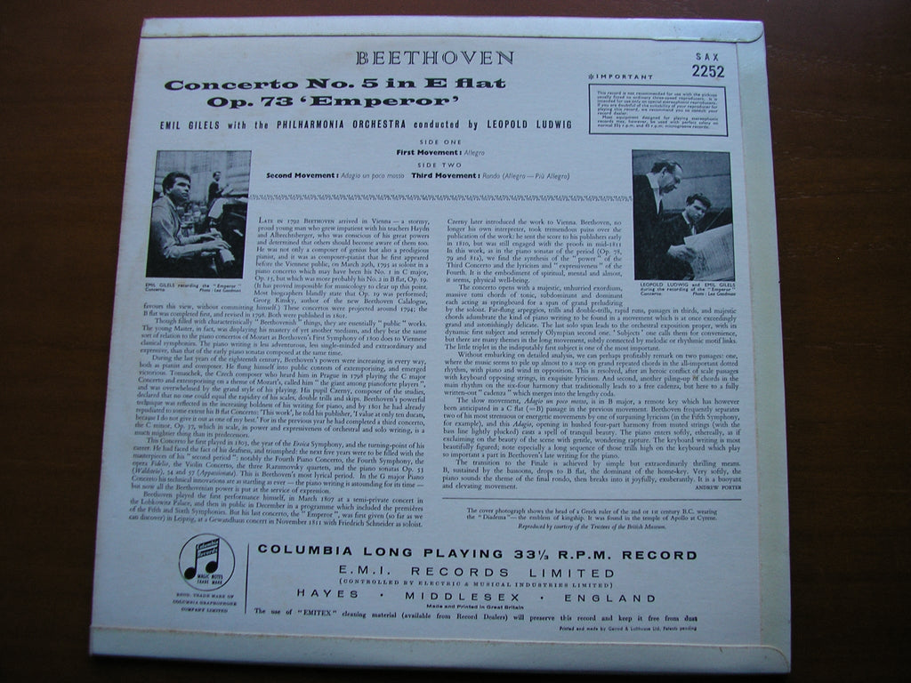 SAX 2252  BEETHOVEN: PIANO CONCERTO No. 5 'Emperor'      GILELS / PHILHARMONIA / LUDWIG
