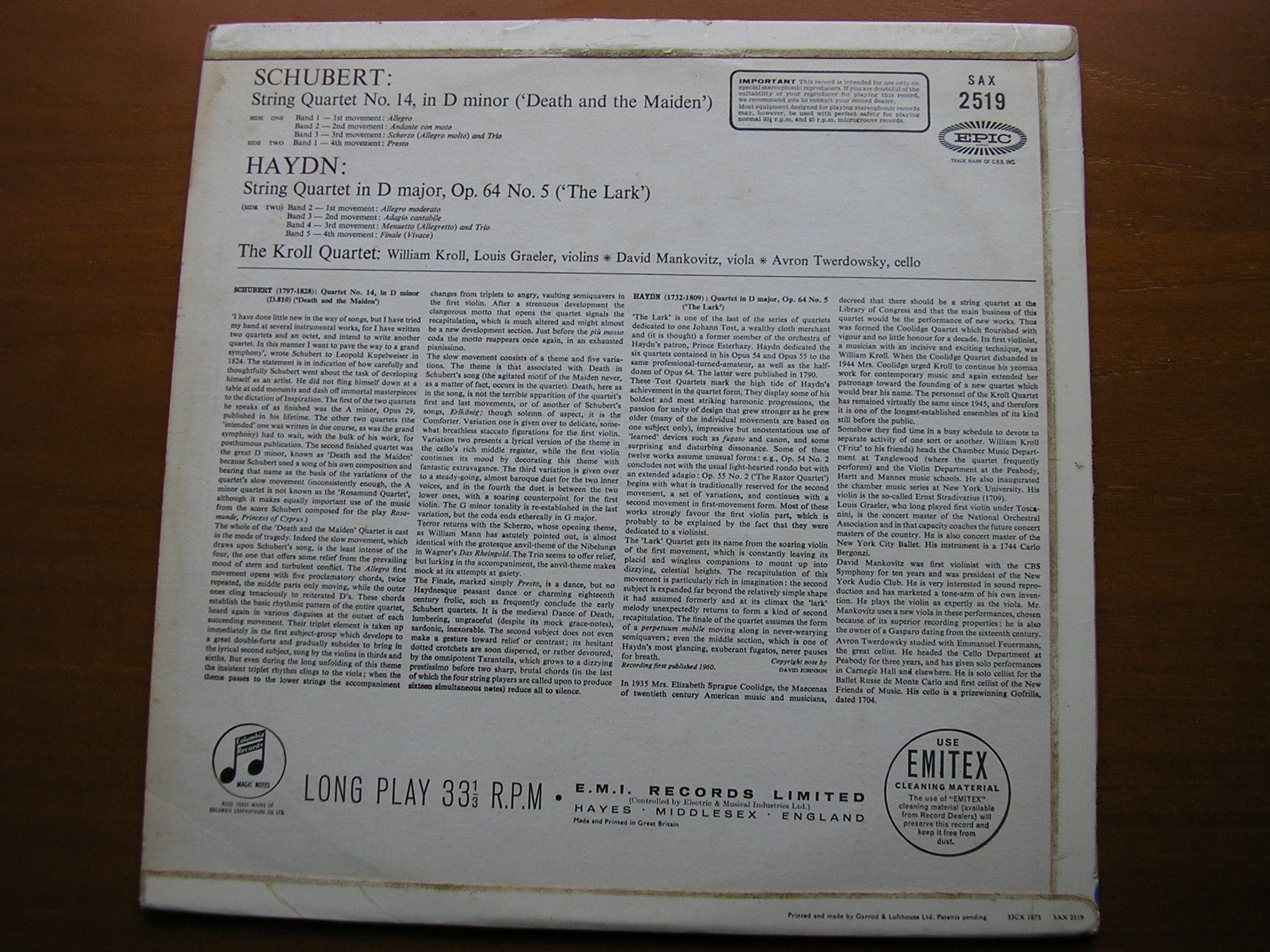 SAX 2519  SCHUBERT: DEATH & THE MAIDEN / HAYDN: THE LARK       THE KROLL QUARTET