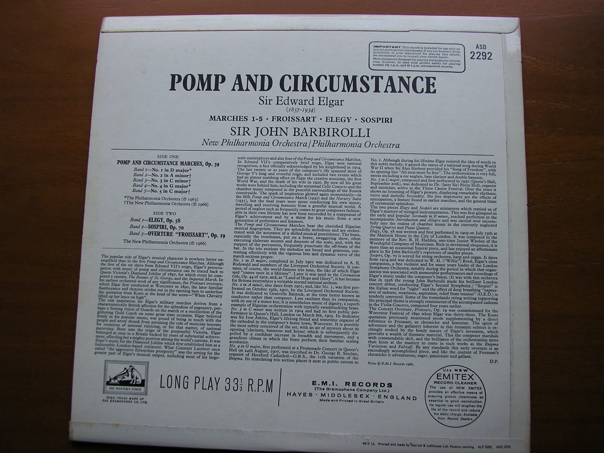 ELGAR: POMP & CIRCUMSTANCE MARCHES 1 - 5 / FROISSART / ELEGY / SOSPIRI       PHILHARMONIA / NPO / BARBIROLLI      ASD 2292