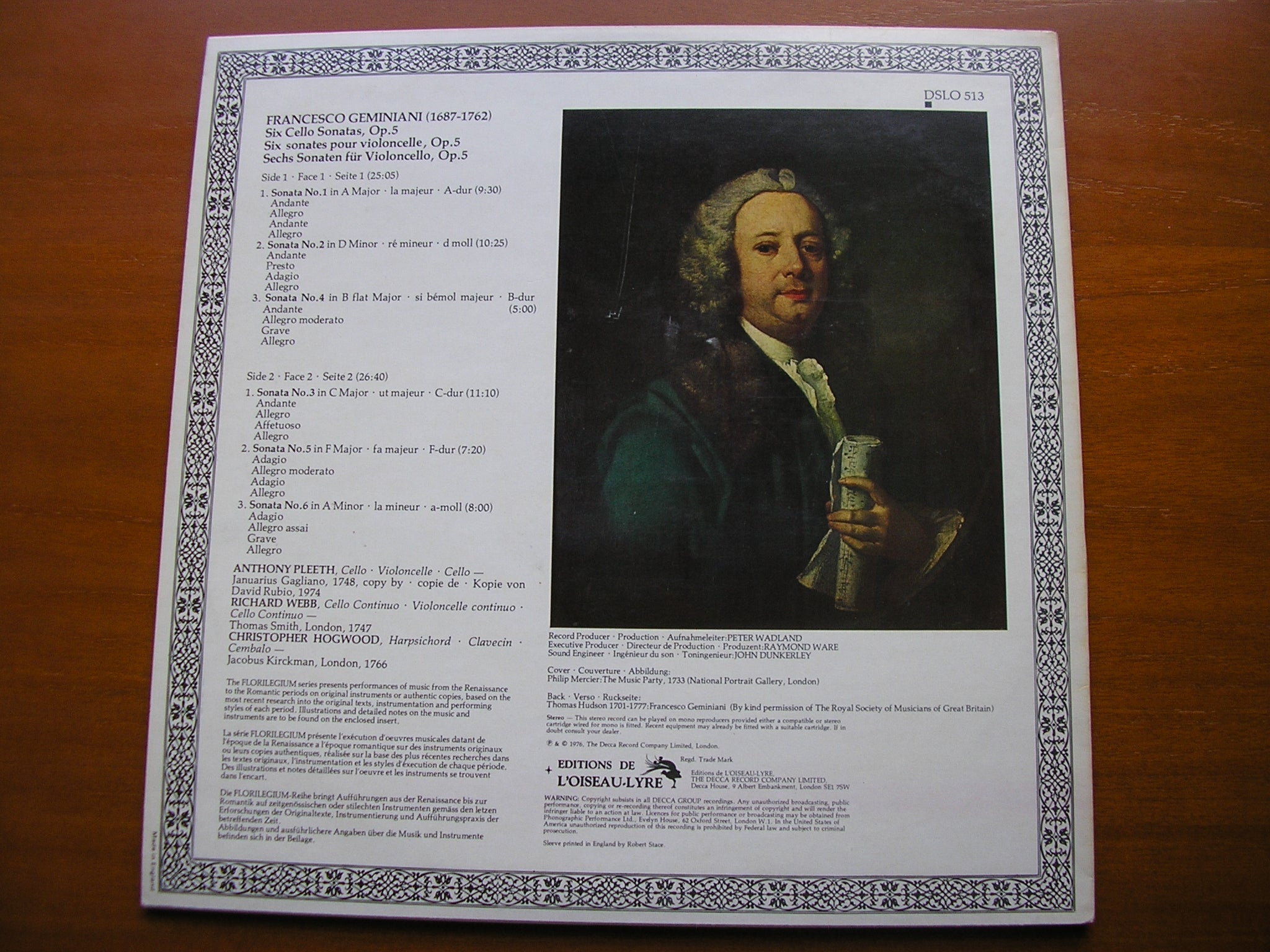 GEMINIANI: SIX CELLO SONATAS Op. 5      PLEETH / WEBB / HOGWOOD     DSLO 513