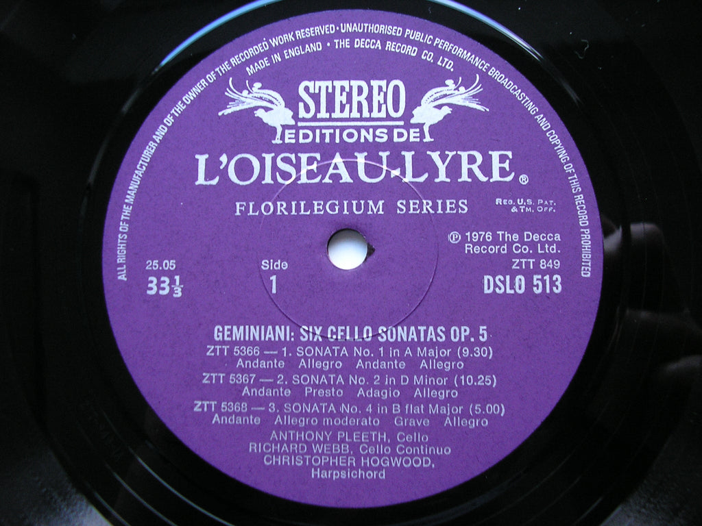 GEMINIANI: SIX CELLO SONATAS Op. 5      PLEETH / WEBB / HOGWOOD     DSLO 513
