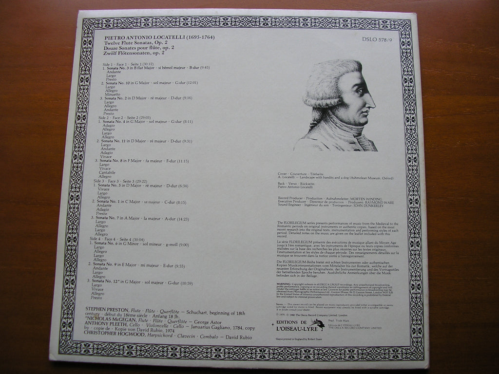 LOCATELLI: TWELVE FLUTE SONATAS Op. 2       PRESTON / PLEETH / HOGWOOD     2 LP       DSLO 578 / 9