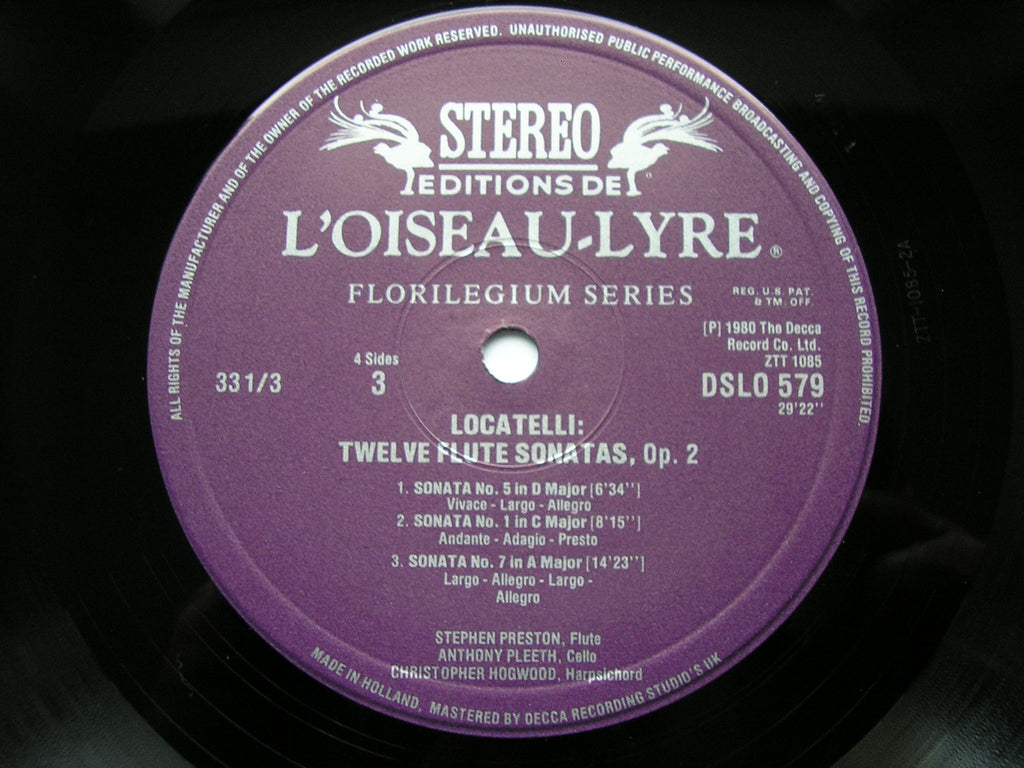 LOCATELLI: TWELVE FLUTE SONATAS Op. 2       PRESTON / PLEETH / HOGWOOD     2 LP       DSLO 578 / 9